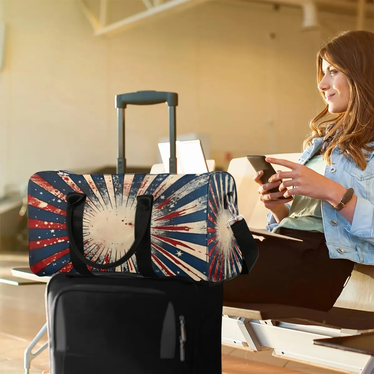 Travel Duffle Bag Abstract Stars Stripes Gym Bags for Men Women Travel Duffel Bags with Adjustable Shoulder Strap Carry On Weekender Bag