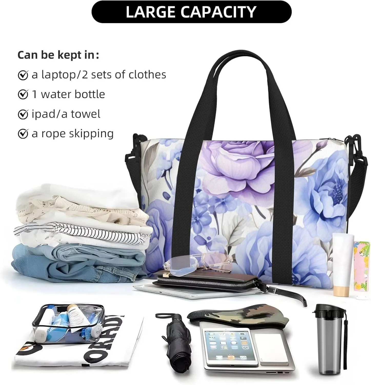 Travel Duffle Bag Bluish Violet Flower Floral Weekender Overnight Bags Luggage Bag for Women Men Waterproof Sports Gym Bag Hand Bag with Shoulder Strap