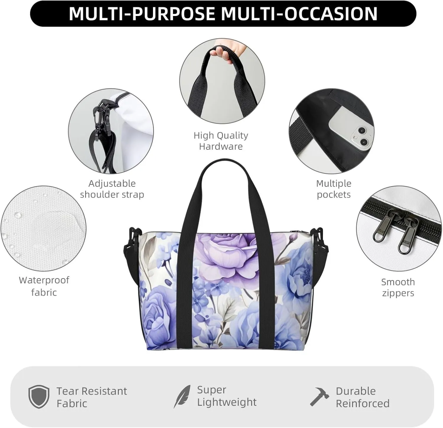 Travel Duffle Bag Bluish Violet Flower Floral Weekender Overnight Bags Luggage Bag for Women Men Waterproof Sports Gym Bag Hand Bag with Shoulder Strap