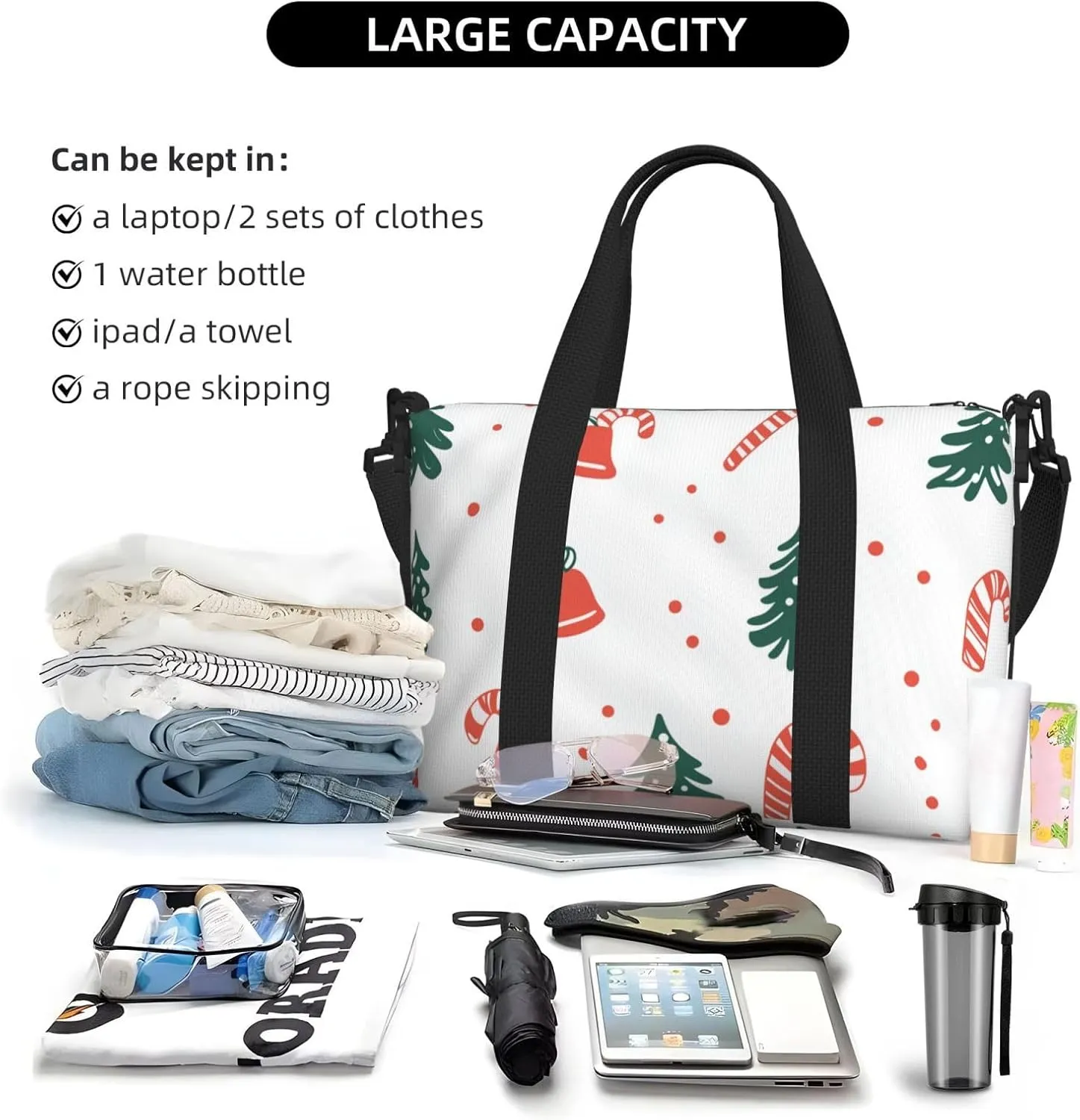 Travel Duffle Bag Cartoon Christmas Candy Tree Weekender Overnight Bags Luggage Bag for Women Men Waterproof Sports Gym Bag Hand Bag with Shoulder Strap