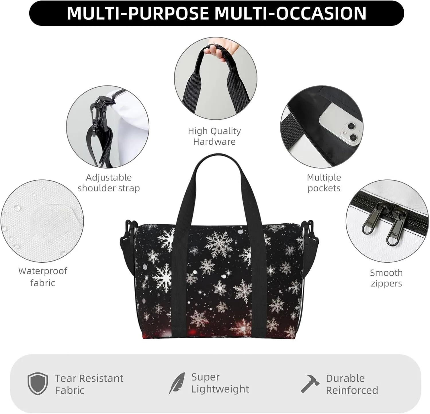 Travel Duffle Bag Christmas Winter Xmas Snowflakes Weekender Overnight Bags Luggage Bag for Women Men Waterproof Sports Gym Bag Hand Bag with Shoulder Strap