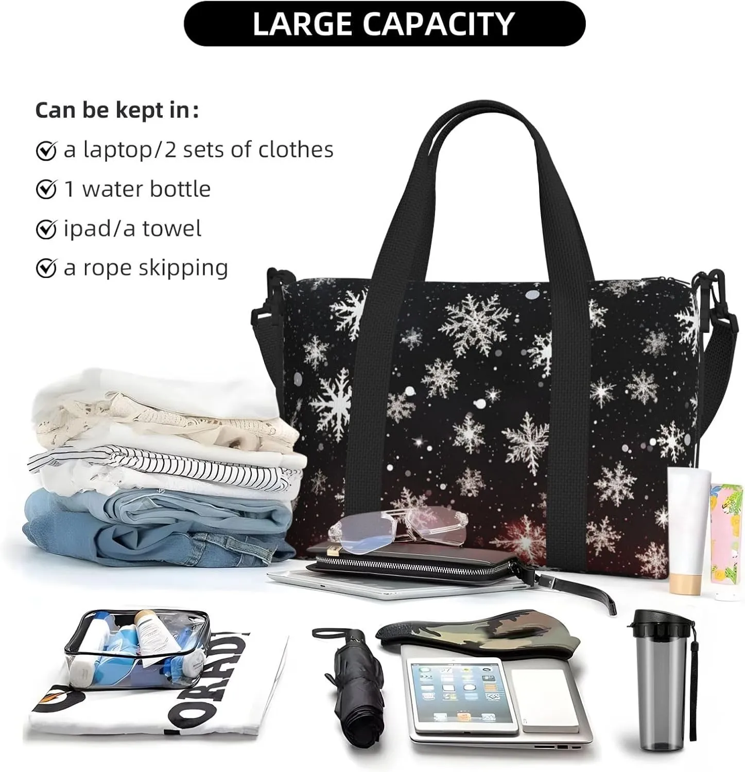 Travel Duffle Bag Christmas Winter Xmas Snowflakes Weekender Overnight Bags Luggage Bag for Women Men Waterproof Sports Gym Bag Hand Bag with Shoulder Strap