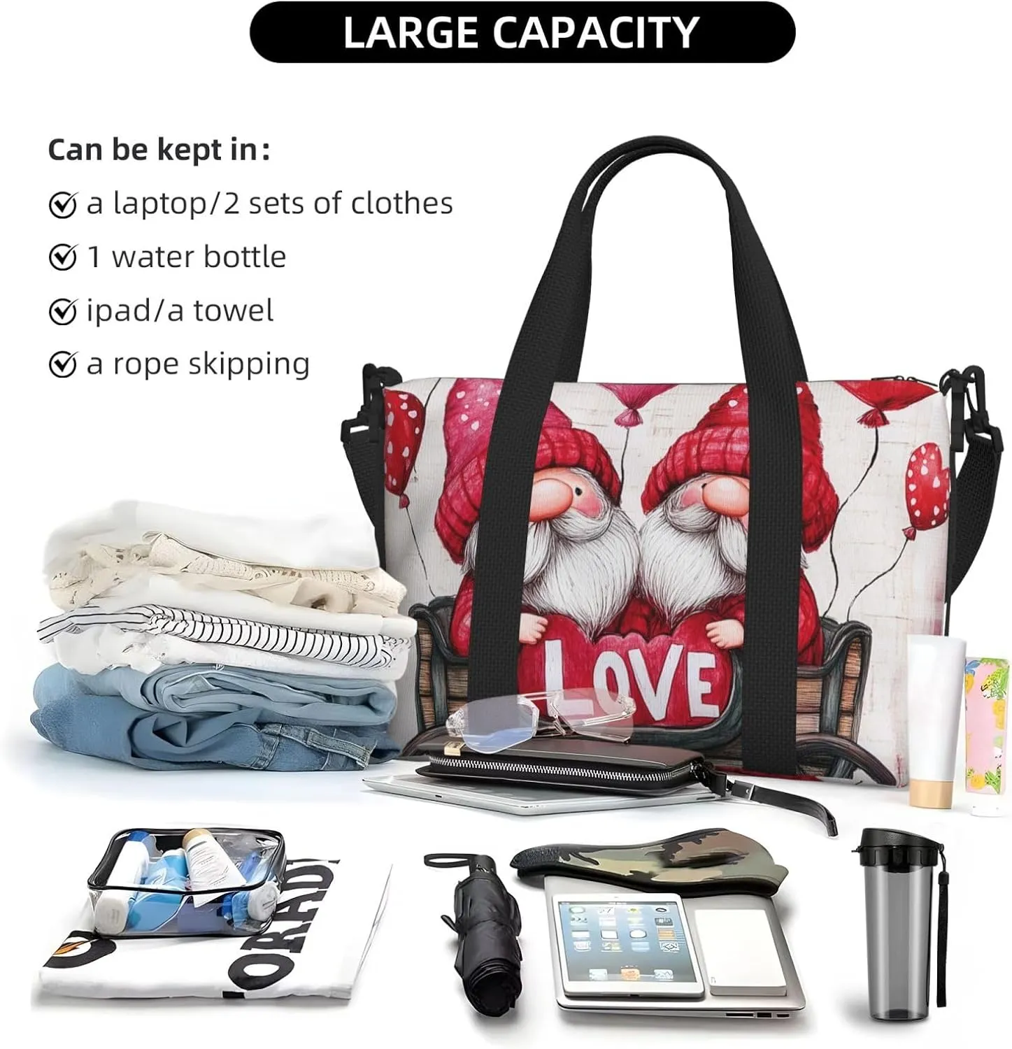 Travel Duffle Bag Cute Gnome Checkred Weekender Overnight Bags Luggage Bag for Women Men Waterproof Sports Gym Bag Hand Bag with Shoulder Strap