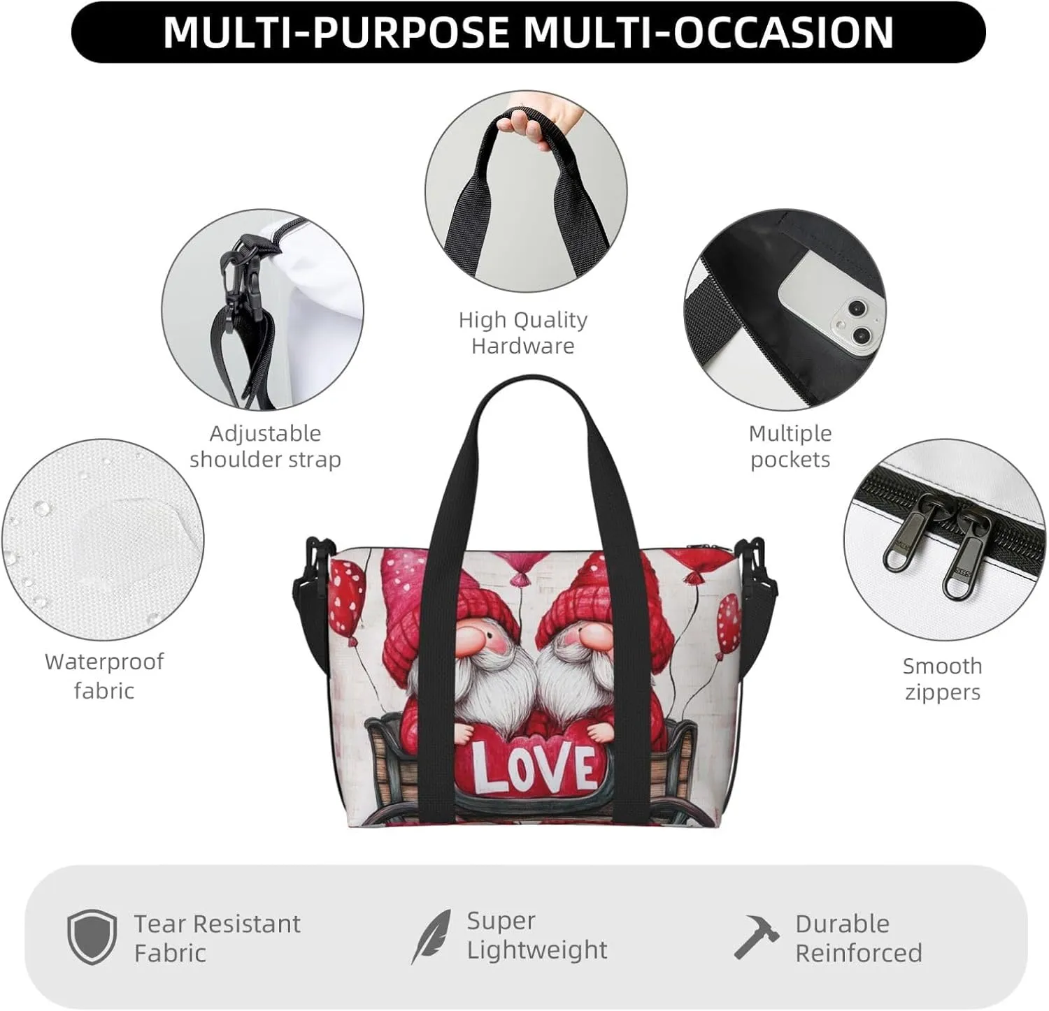 Travel Duffle Bag Cute Gnome Checkred Weekender Overnight Bags Luggage Bag for Women Men Waterproof Sports Gym Bag Hand Bag with Shoulder Strap