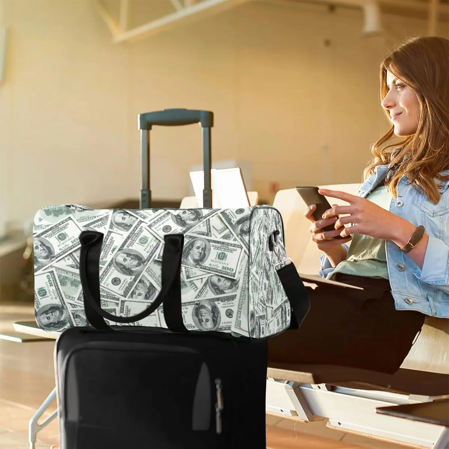 Travel Duffle Bag Dollar Money Funny Sports Gym Bags for Women Men Weekender Overnight Bags Waterproof Carry On Tote Bag Workout Bag for Dance Swimming Yoga Hospital