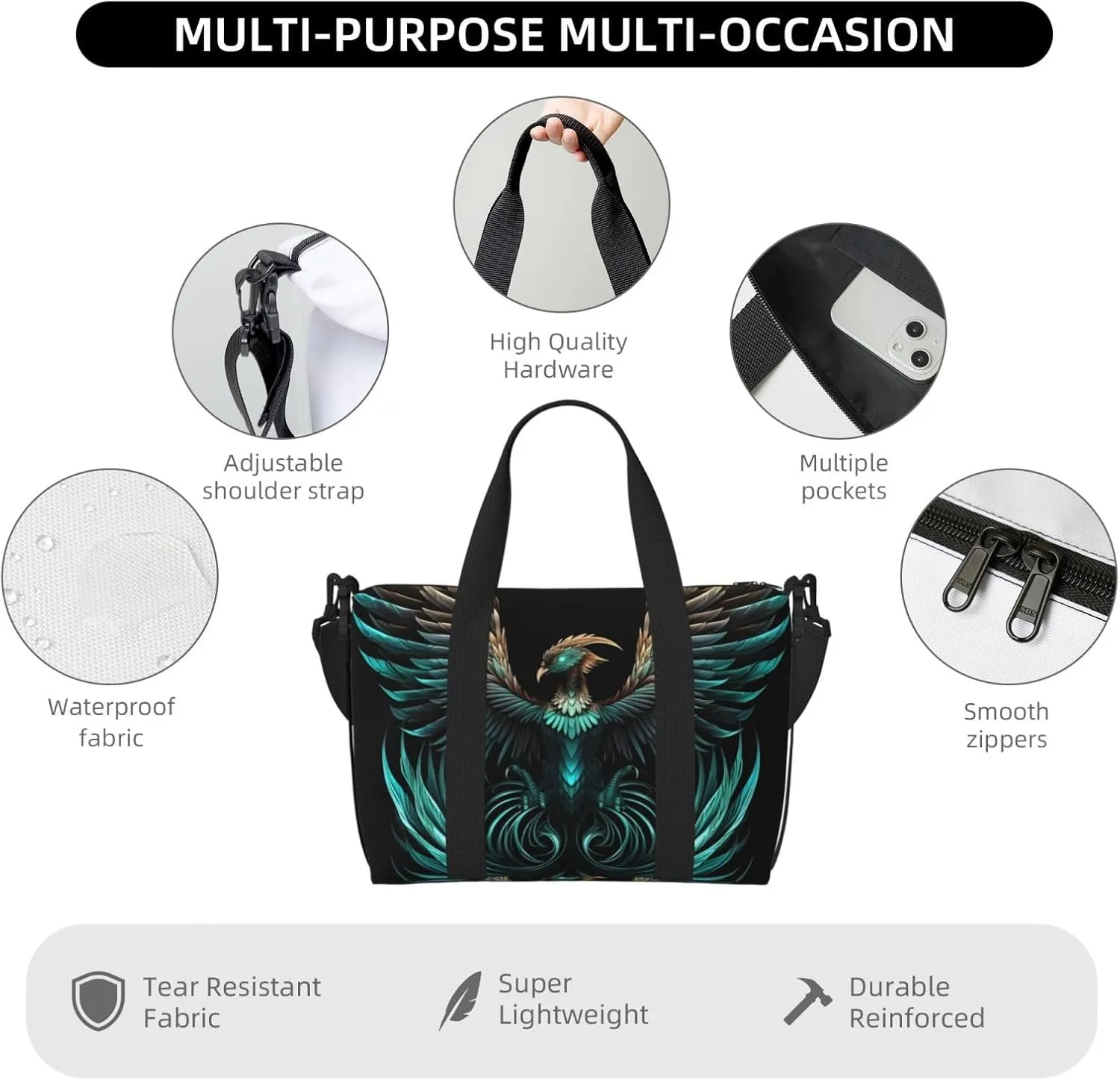 Travel Duffle Bag Fantasy Phoenix bird Weekender Overnight Bags Luggage Bag for Women Men Waterproof Sports Gym Bag Hand Bag with Shoulder Strap