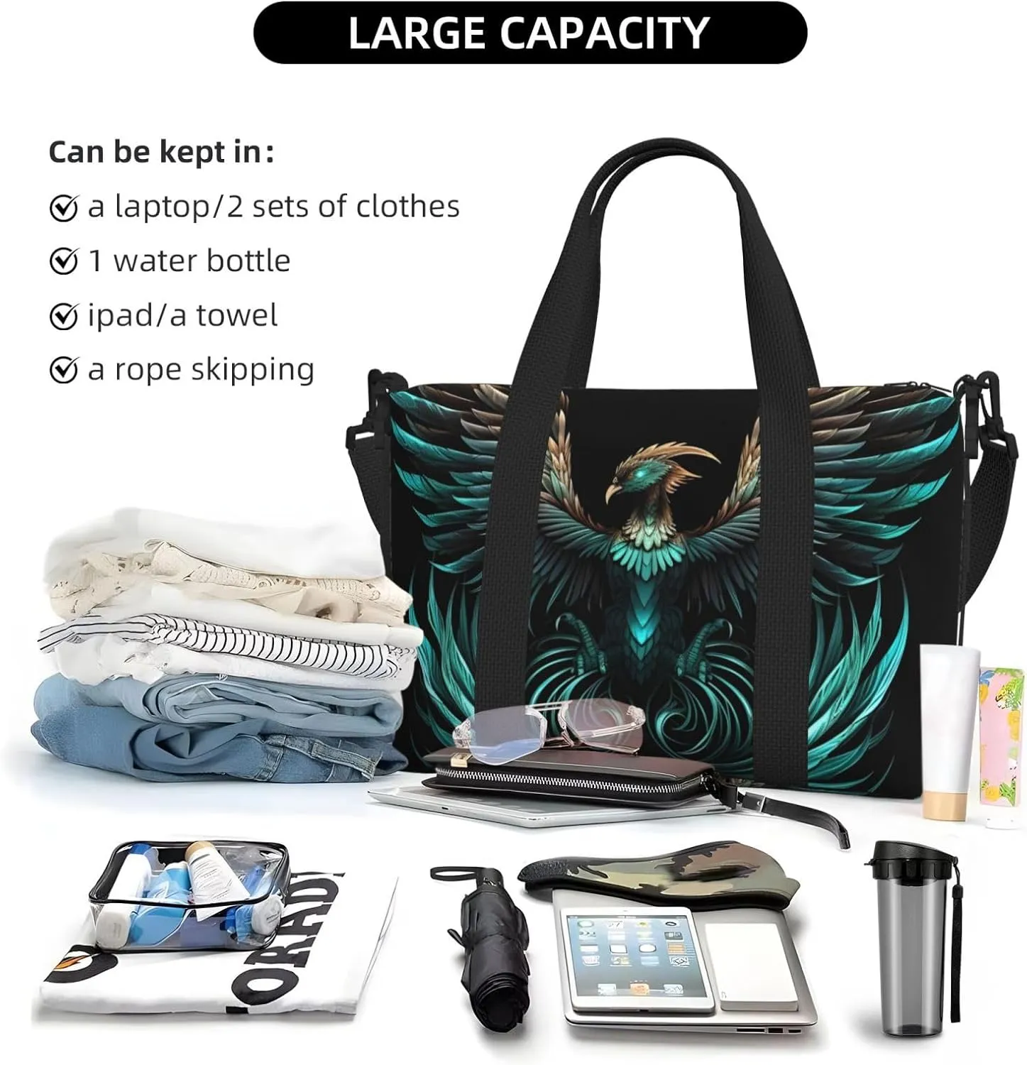 Travel Duffle Bag Fantasy Phoenix bird Weekender Overnight Bags Luggage Bag for Women Men Waterproof Sports Gym Bag Hand Bag with Shoulder Strap
