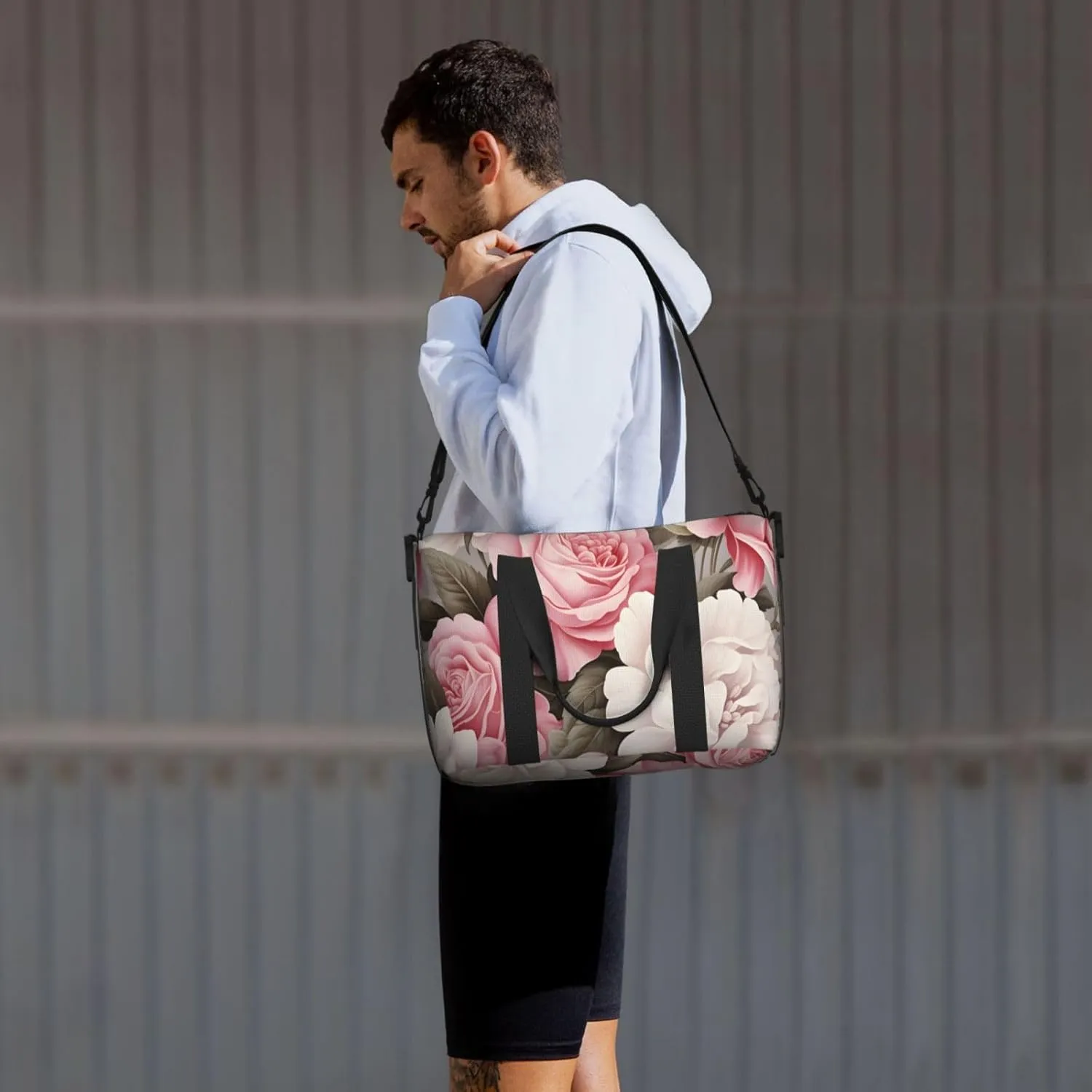 Travel Duffle Bag Flower Pink And White Roses Weekender Overnight Bags Luggage Bag for Women Men Waterproof Sports Gym Bag Hand Bag with Shoulder Strap