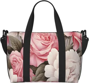 Travel Duffle Bag Flower Pink And White Roses Weekender Overnight Bags Luggage Bag for Women Men Waterproof Sports Gym Bag Hand Bag with Shoulder Strap
