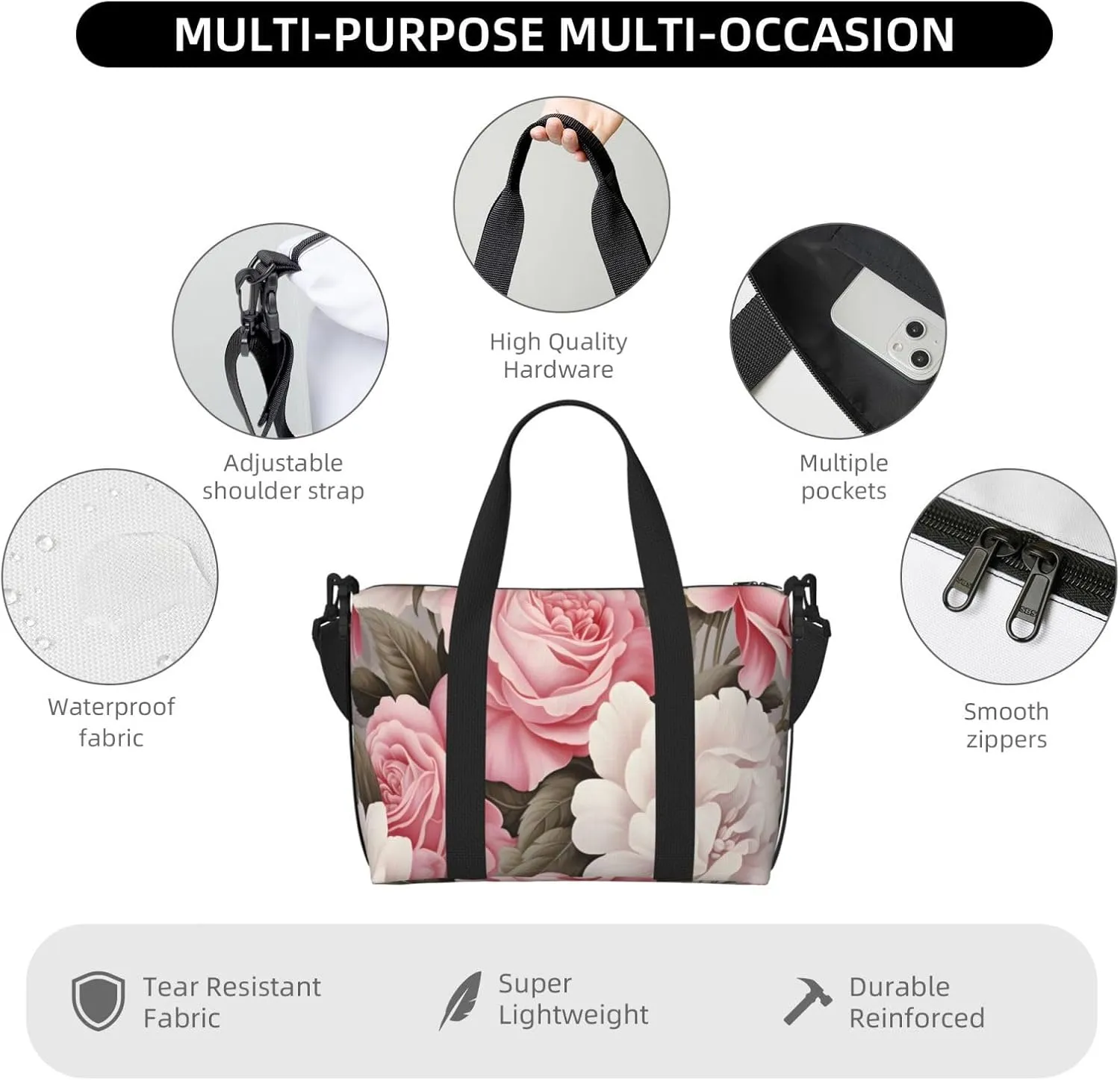 Travel Duffle Bag Flower Pink And White Roses Weekender Overnight Bags Luggage Bag for Women Men Waterproof Sports Gym Bag Hand Bag with Shoulder Strap