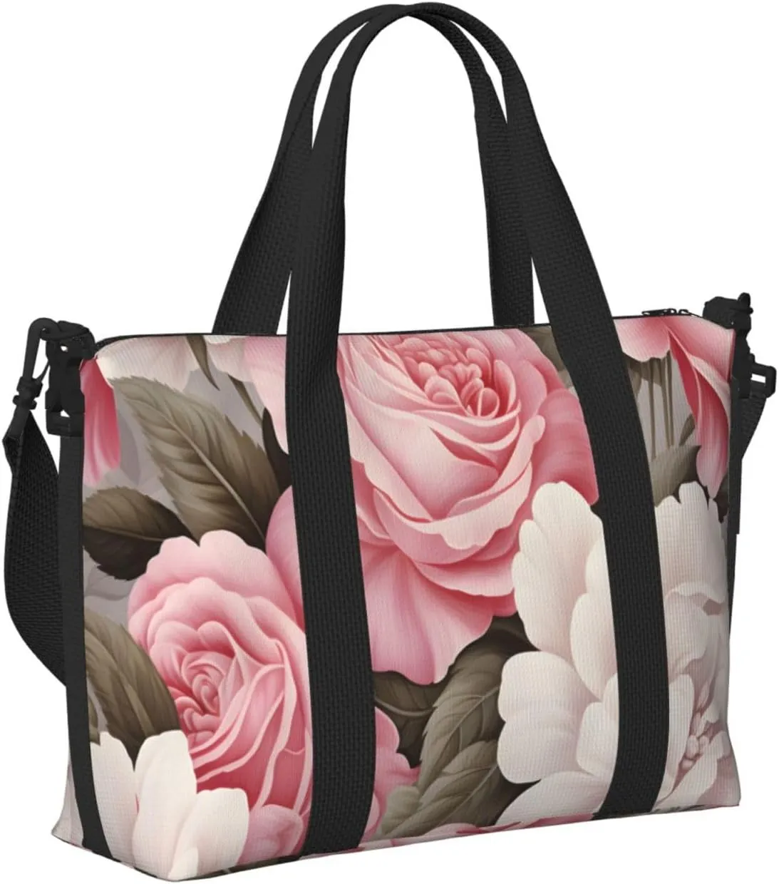 Travel Duffle Bag Flower Pink And White Roses Weekender Overnight Bags Luggage Bag for Women Men Waterproof Sports Gym Bag Hand Bag with Shoulder Strap