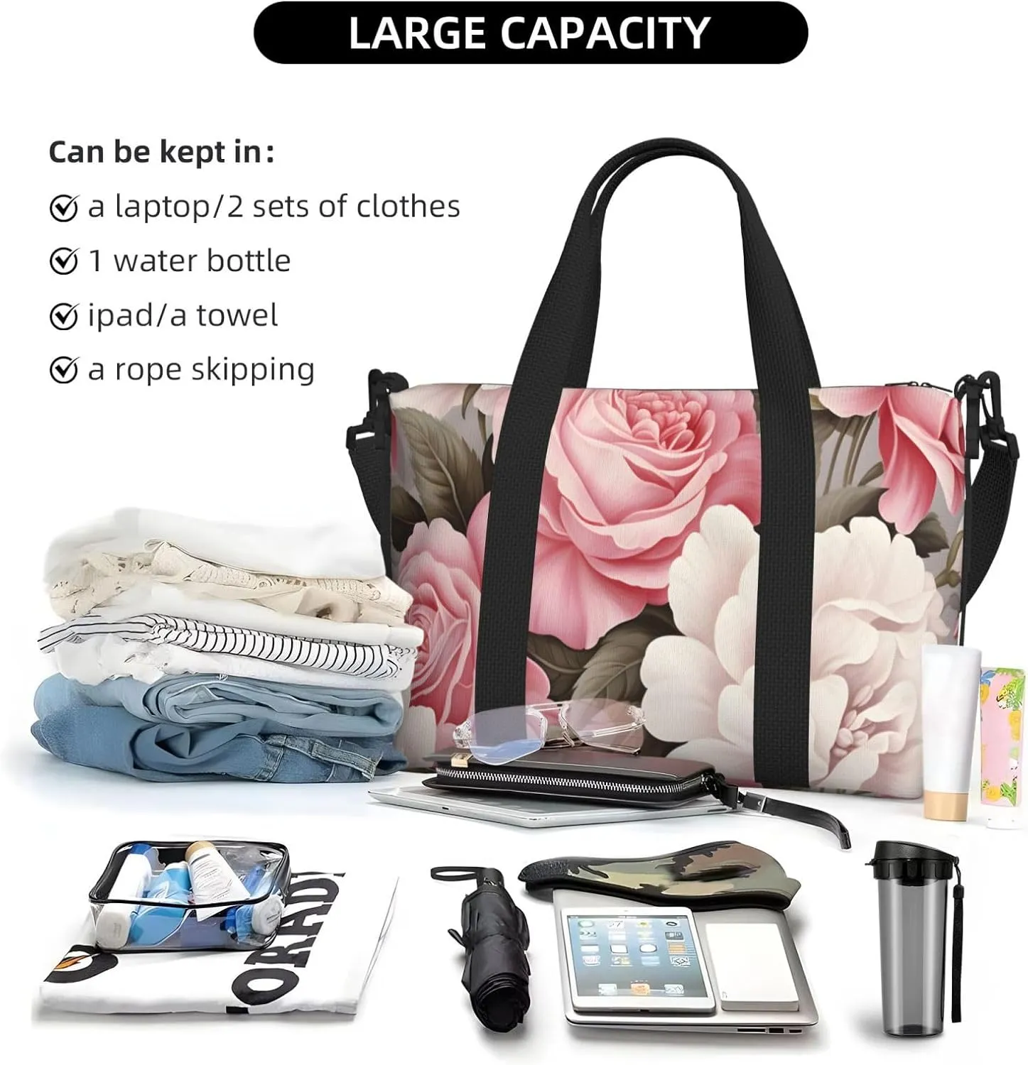 Travel Duffle Bag Flower Pink And White Roses Weekender Overnight Bags Luggage Bag for Women Men Waterproof Sports Gym Bag Hand Bag with Shoulder Strap