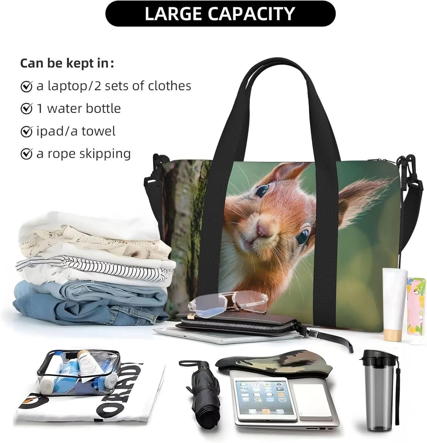 Travel Duffle Bag Forest Animal Squirrel Weekender Overnight Bags Luggage Bag for Women Men Waterproof Sports Gym Bag Hand Bag with Shoulder Strap