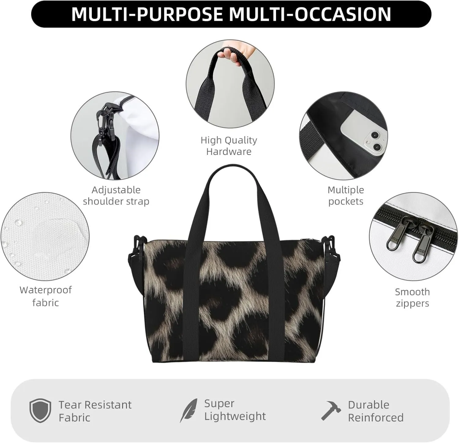 Travel Duffle Bag Grey Leopard Skin Print Weekender Overnight Bags Luggage Bag for Women Men Waterproof Sports Gym Bag Hand Bag with Shoulder Strap