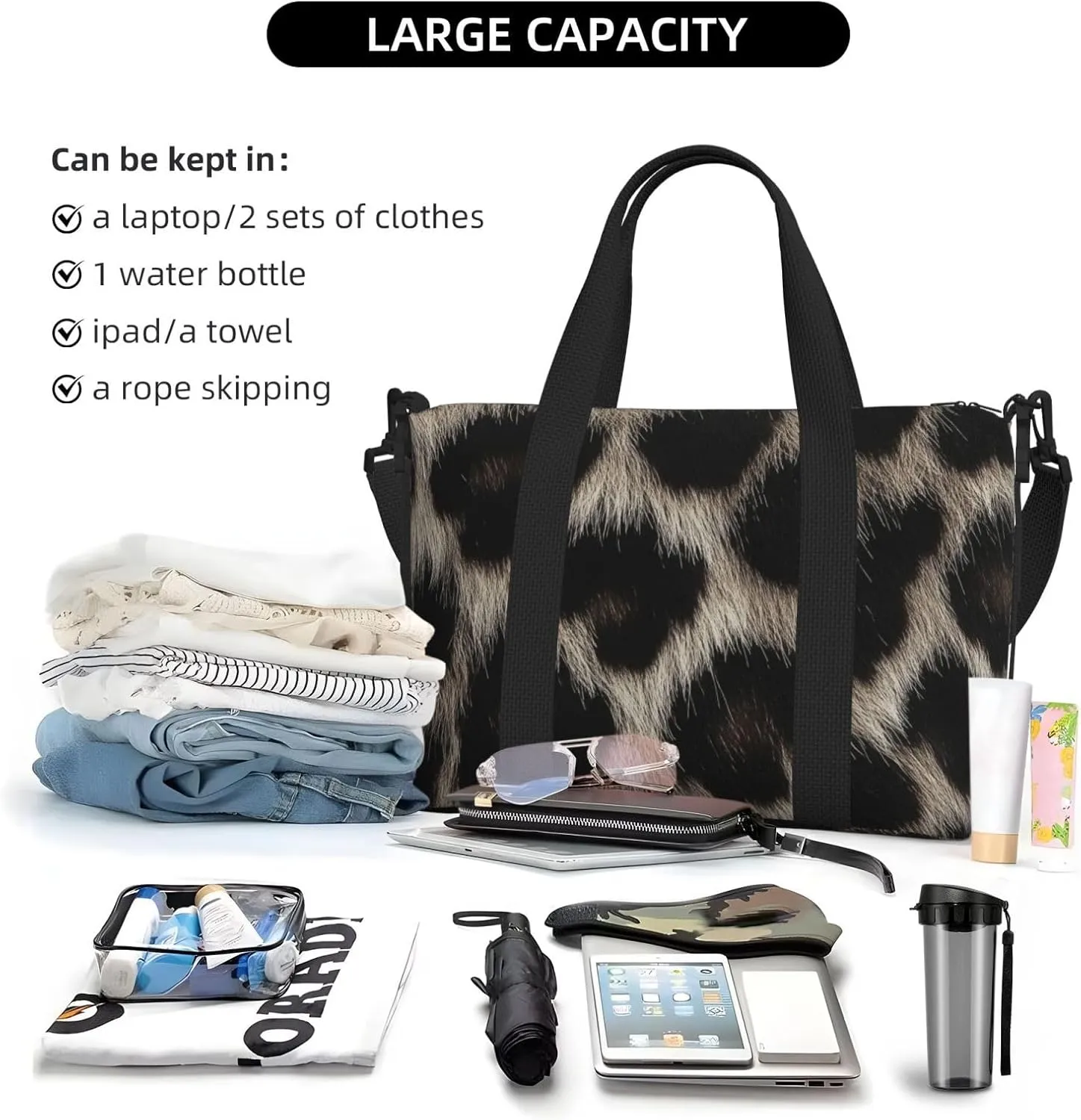 Travel Duffle Bag Grey Leopard Skin Print Weekender Overnight Bags Luggage Bag for Women Men Waterproof Sports Gym Bag Hand Bag with Shoulder Strap