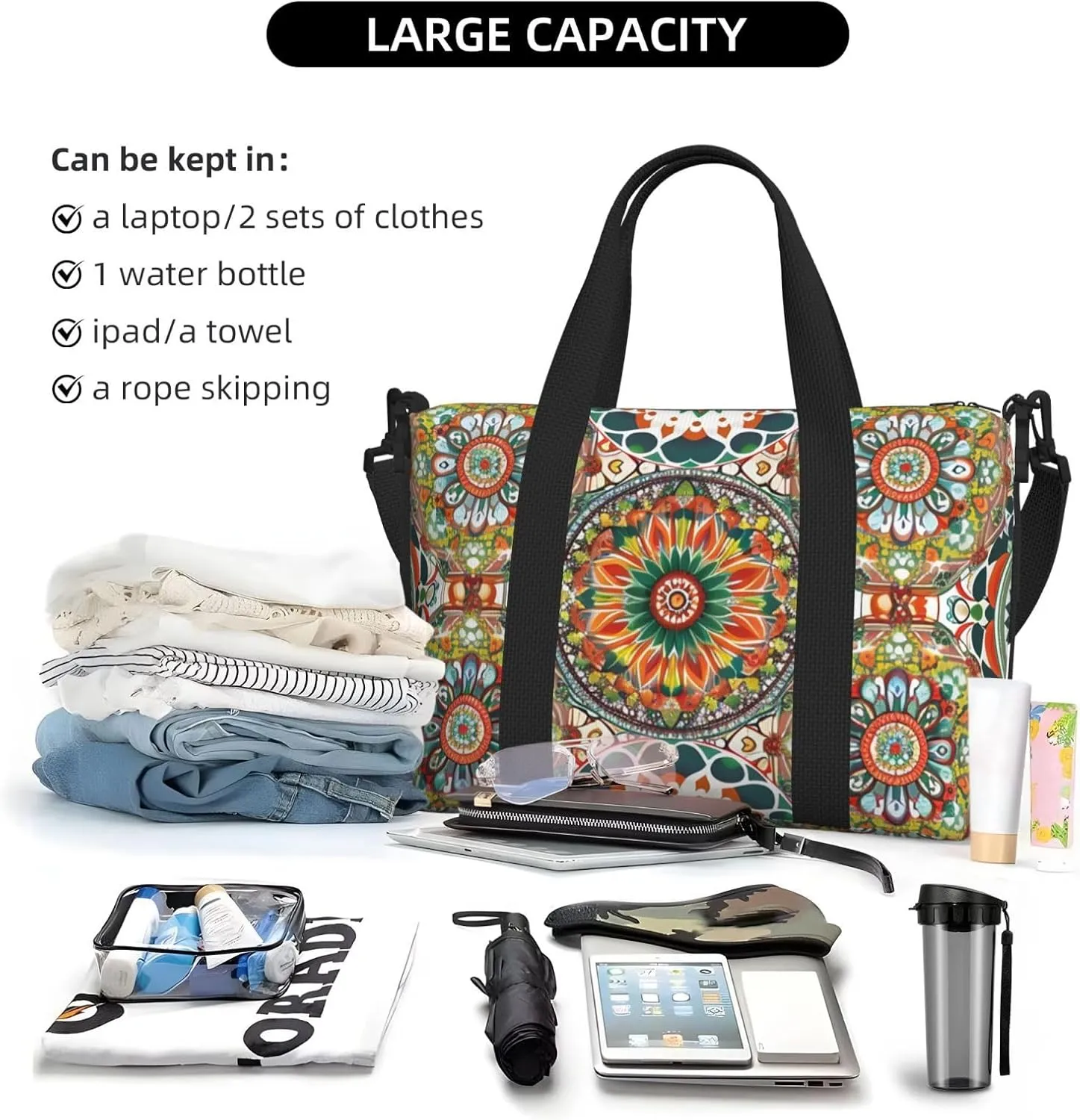 Travel Duffle Bag Mandala Ethnic Weekender Overnight Bags Luggage Bag for Women Men Waterproof Sports Gym Bag Hand Bag with Shoulder Strap