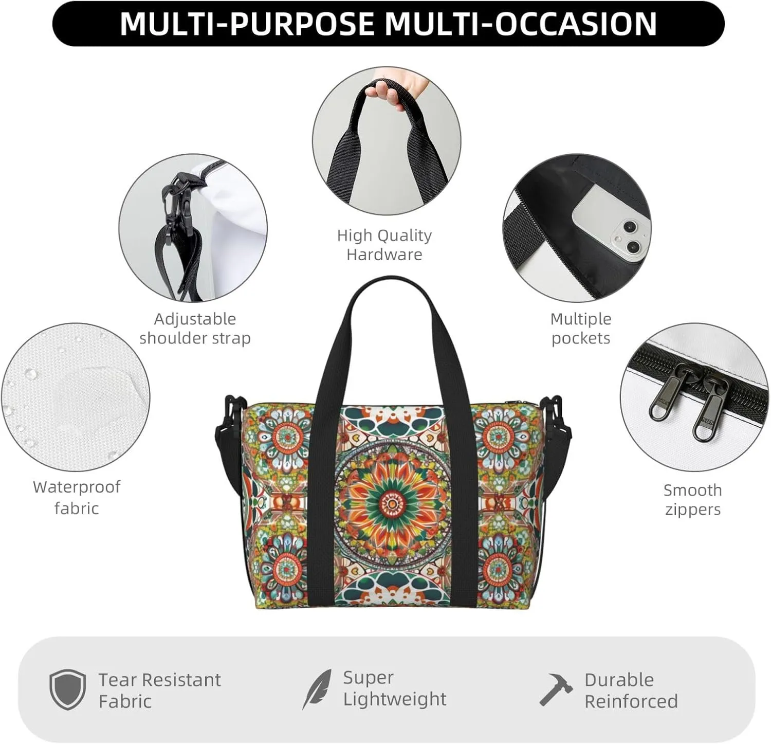 Travel Duffle Bag Mandala Ethnic Weekender Overnight Bags Luggage Bag for Women Men Waterproof Sports Gym Bag Hand Bag with Shoulder Strap
