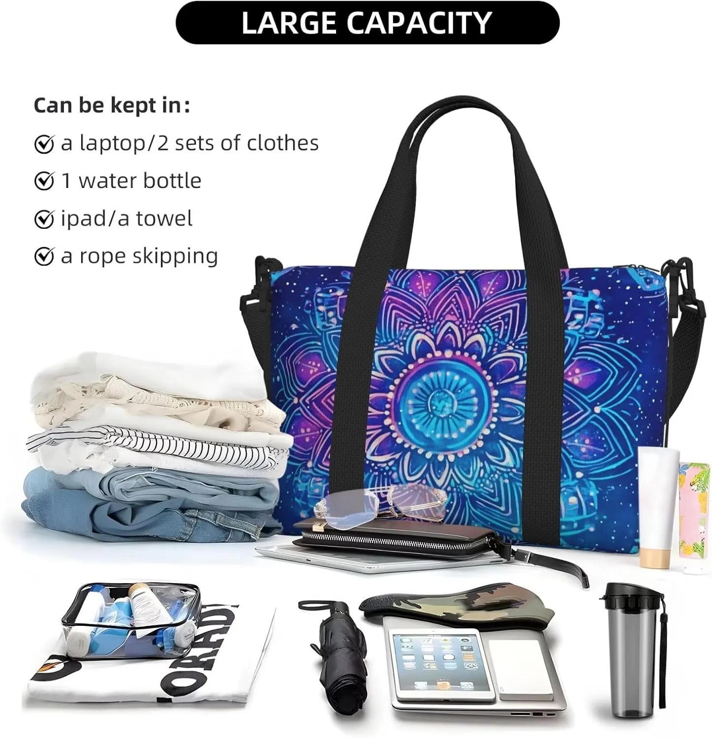 Travel Duffle Bag Mystical Mandala Ethnic Weekender Overnight Bags Luggage Bag for Women Men Waterproof Sports Gym Bag Hand Bag with Shoulder Strap