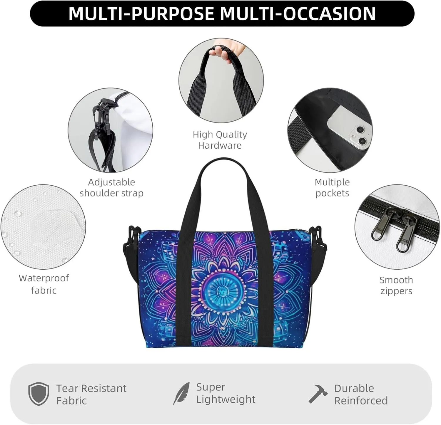 Travel Duffle Bag Mystical Mandala Ethnic Weekender Overnight Bags Luggage Bag for Women Men Waterproof Sports Gym Bag Hand Bag with Shoulder Strap