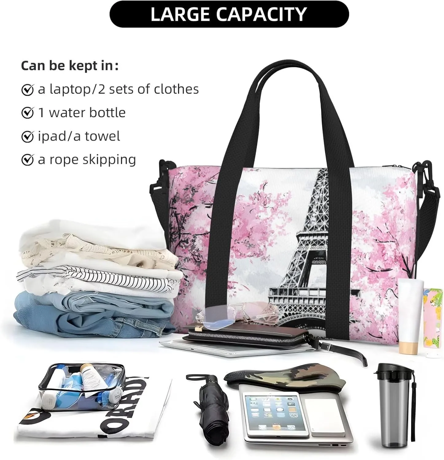Travel Duffle Bag Paris Tower Art Painting Weekender Overnight Bags Luggage Bag for Women Men Waterproof Sports Gym Bag Hand Bag with Shoulder Strap
