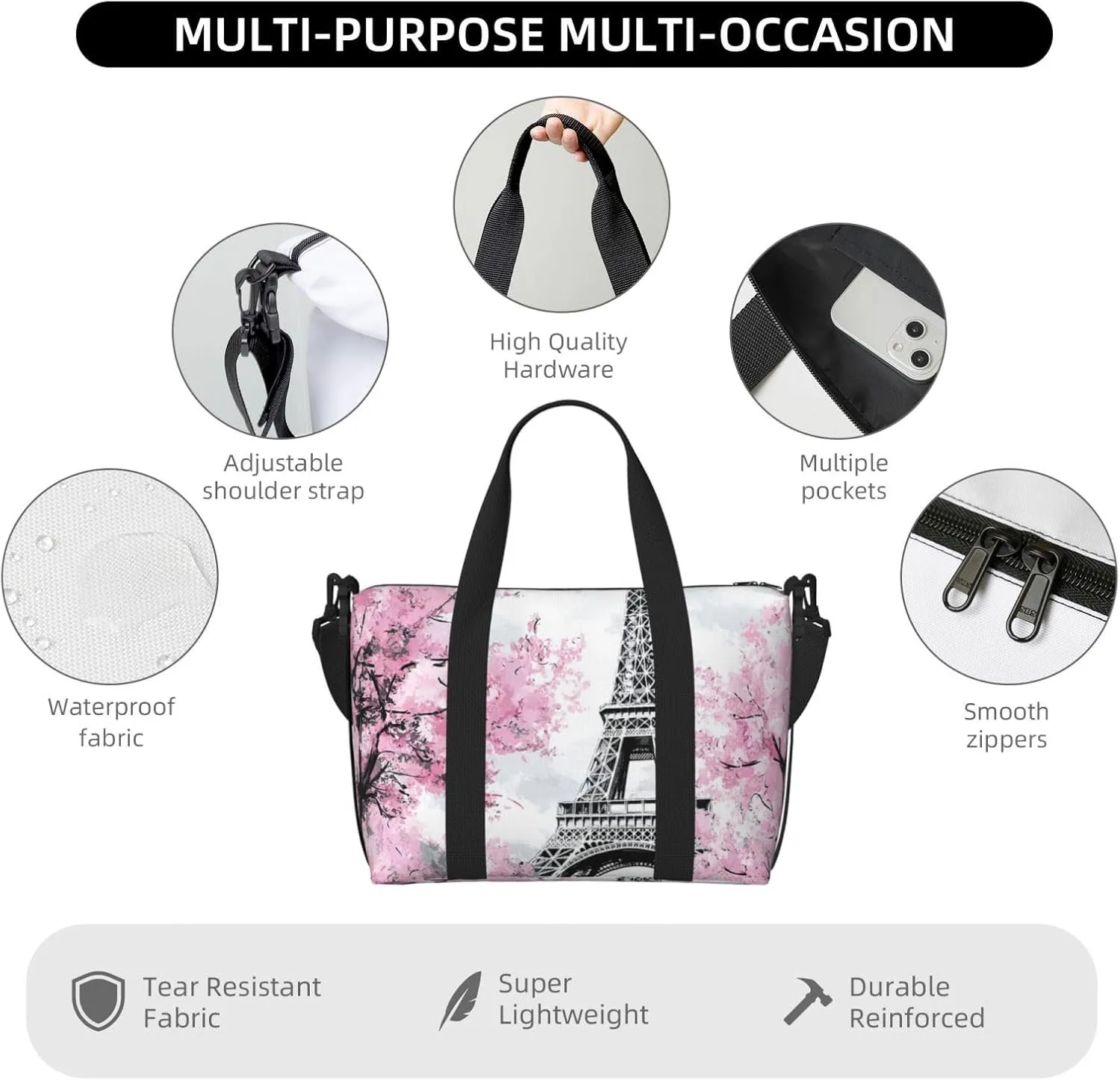 Travel Duffle Bag Paris Tower Art Painting Weekender Overnight Bags Luggage Bag for Women Men Waterproof Sports Gym Bag Hand Bag with Shoulder Strap