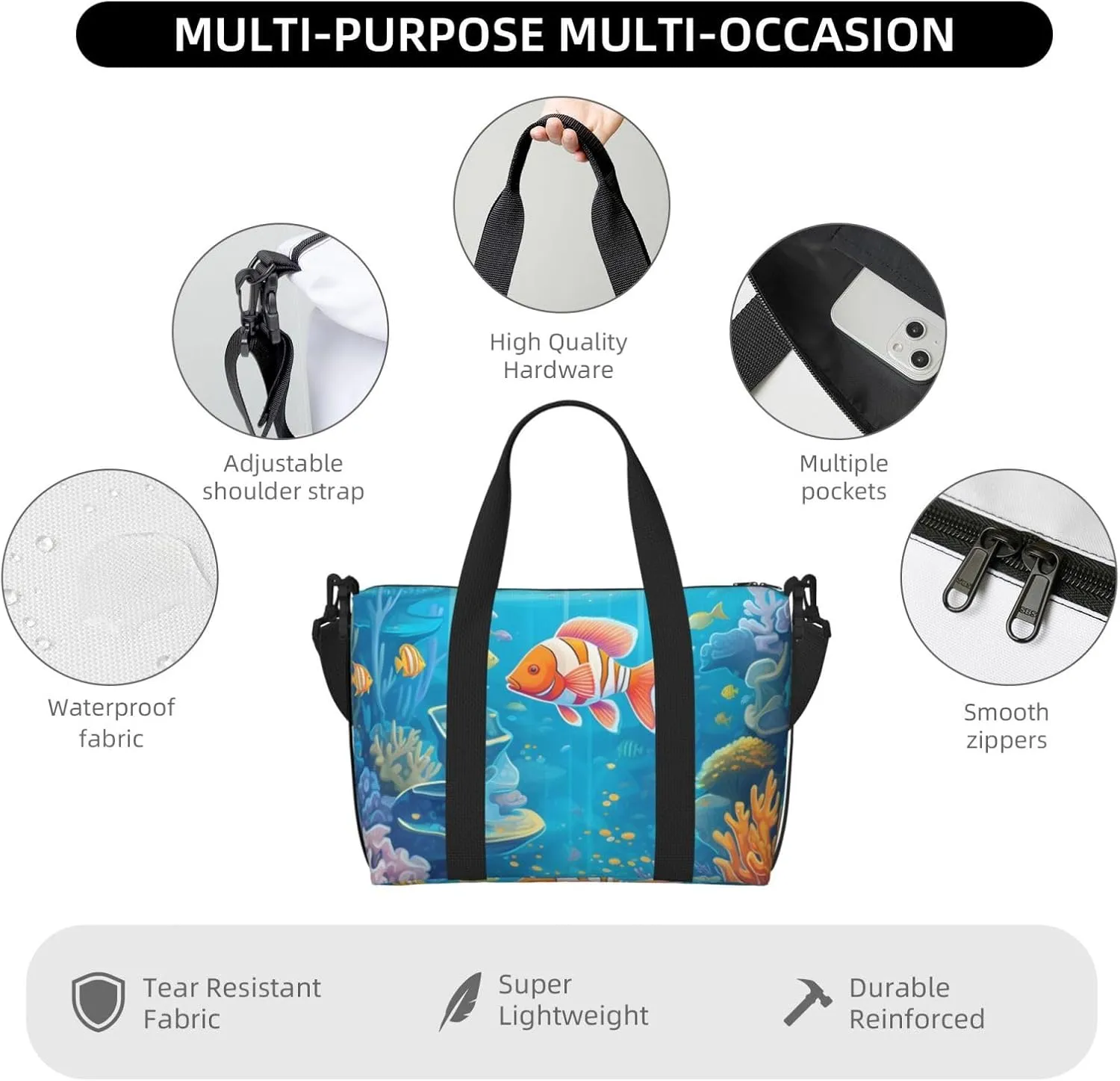 Travel Duffle Bag Sea World Carol Fish Weekender Overnight Bags Luggage Bag for Women Men Waterproof Sports Gym Bag Hand Bag with Shoulder Strap