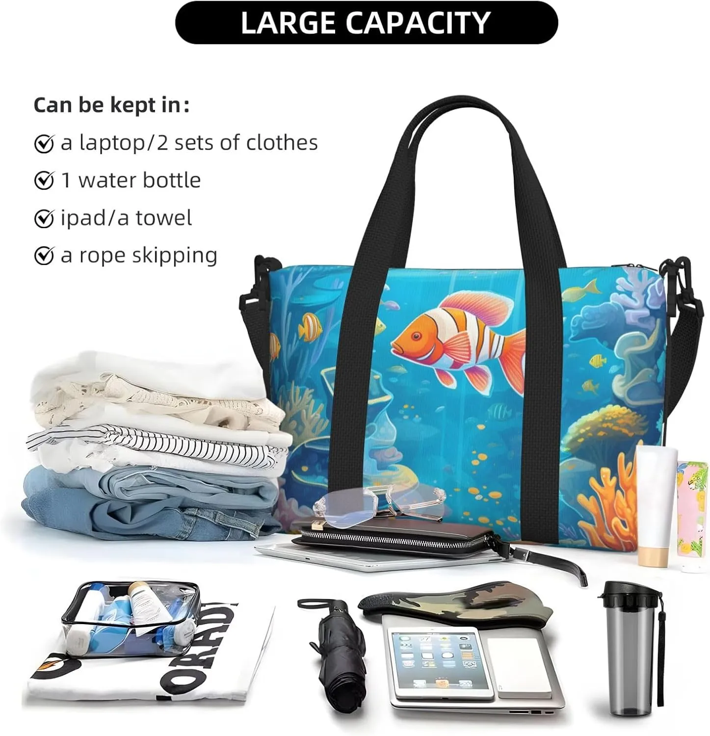 Travel Duffle Bag Sea World Carol Fish Weekender Overnight Bags Luggage Bag for Women Men Waterproof Sports Gym Bag Hand Bag with Shoulder Strap