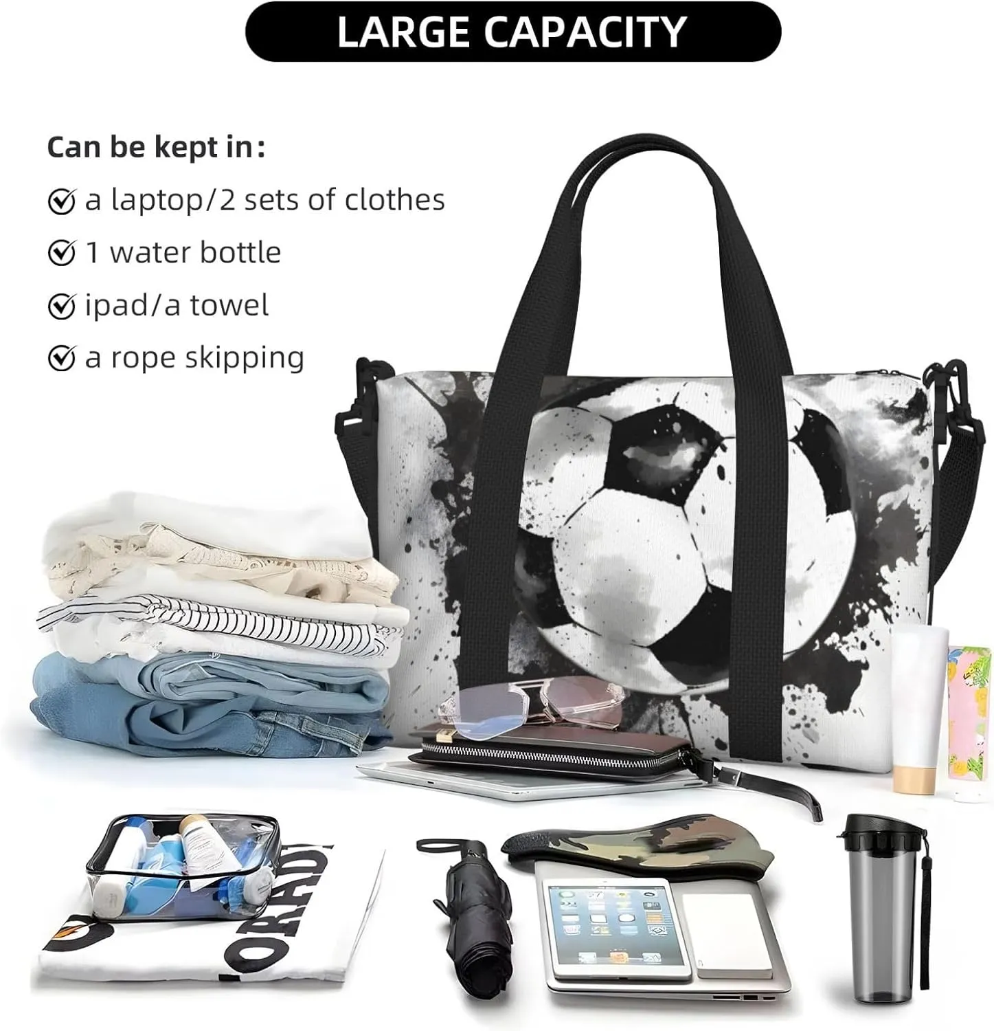 Travel Duffle Bag Soccer Painting Weekender Overnight Bags Luggage Bag for Women Men Waterproof Sports Gym Bag Hand Bag with Shoulder Strap