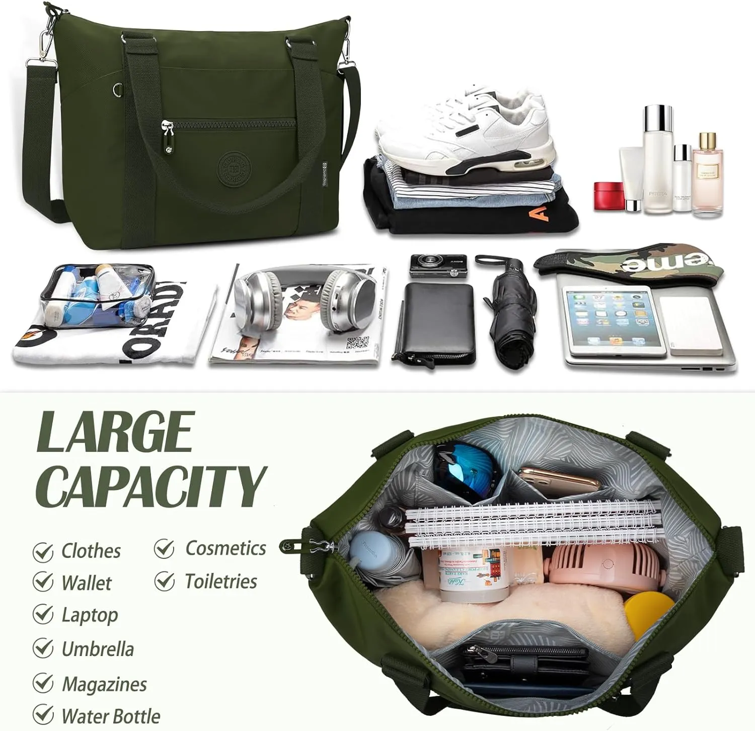 Travel Gym Duffel Bag for Women, Waterproof Nylon Weekender Overnight Bag Personal Item Carry on Bags for Airplanes Hospital Sports Fitness Dance Mommy Tote