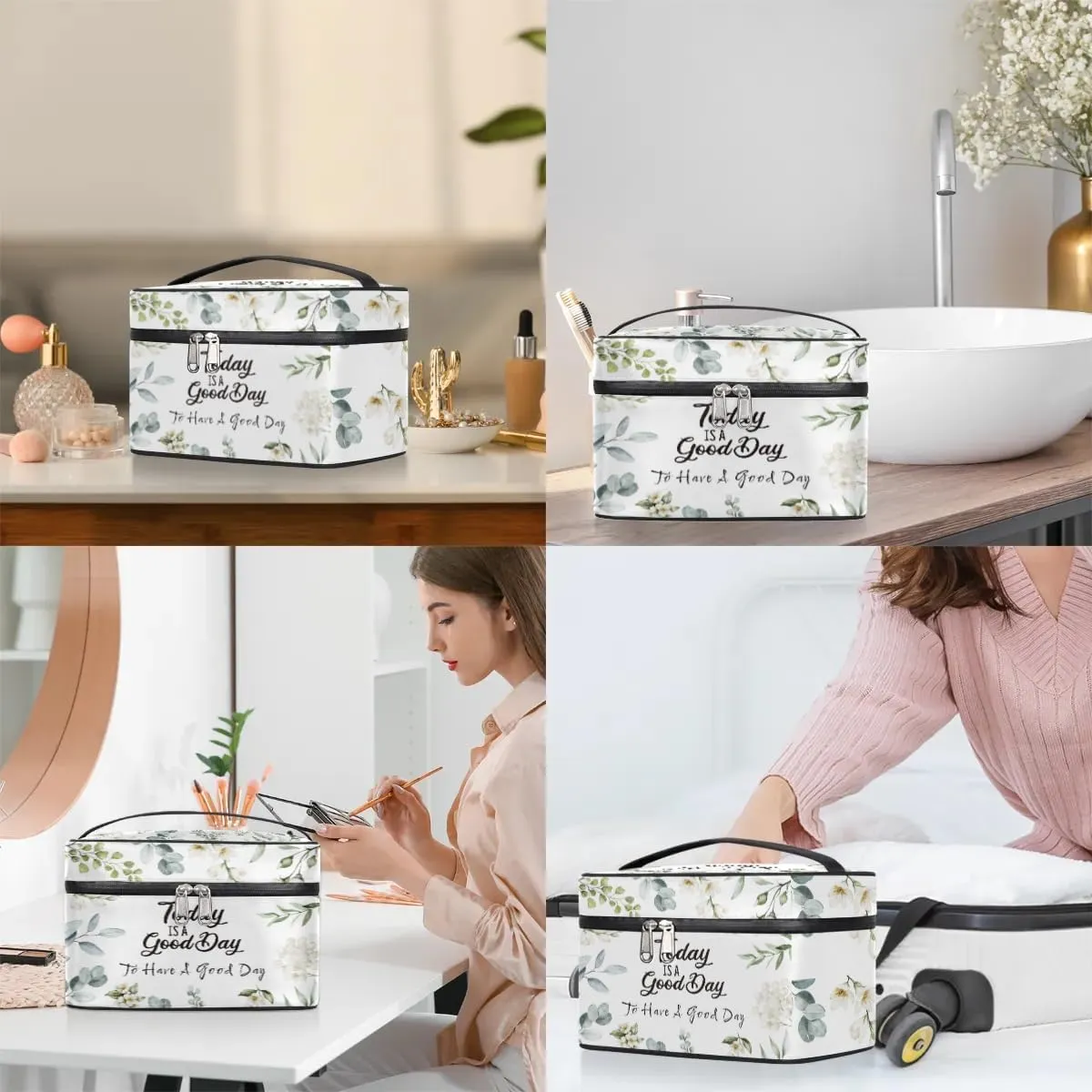Travel Makeup Bag, Have A Good Day Cosmetic Bag for Women Girls, Portable Large Toiletry Bag Organizer for Toiletries Accessories Brushes