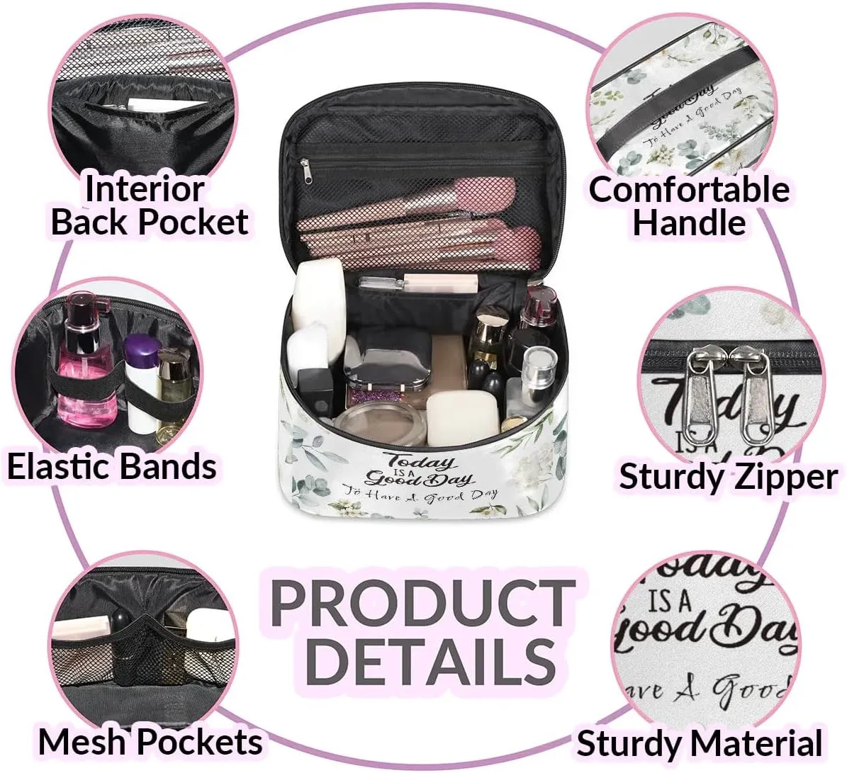 Travel Makeup Bag, Have A Good Day Cosmetic Bag for Women Girls, Portable Large Toiletry Bag Organizer for Toiletries Accessories Brushes
