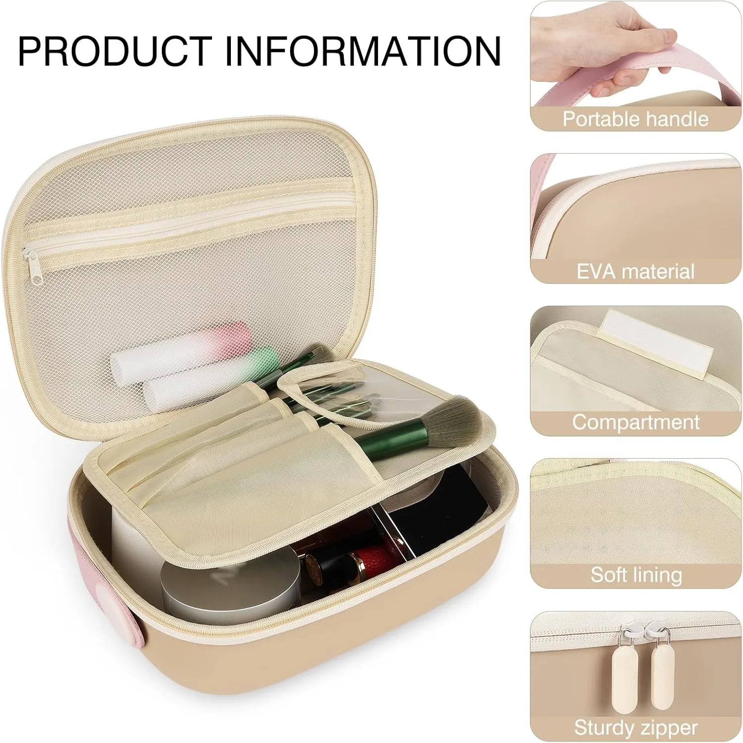Travel Makeup Bag, Portable EVA Material Makeup Storage Bag with Hand Strap, Large Capacity Cosmetic Bag for Women, Essential Organizer for Makeup with Compartment (Brown)