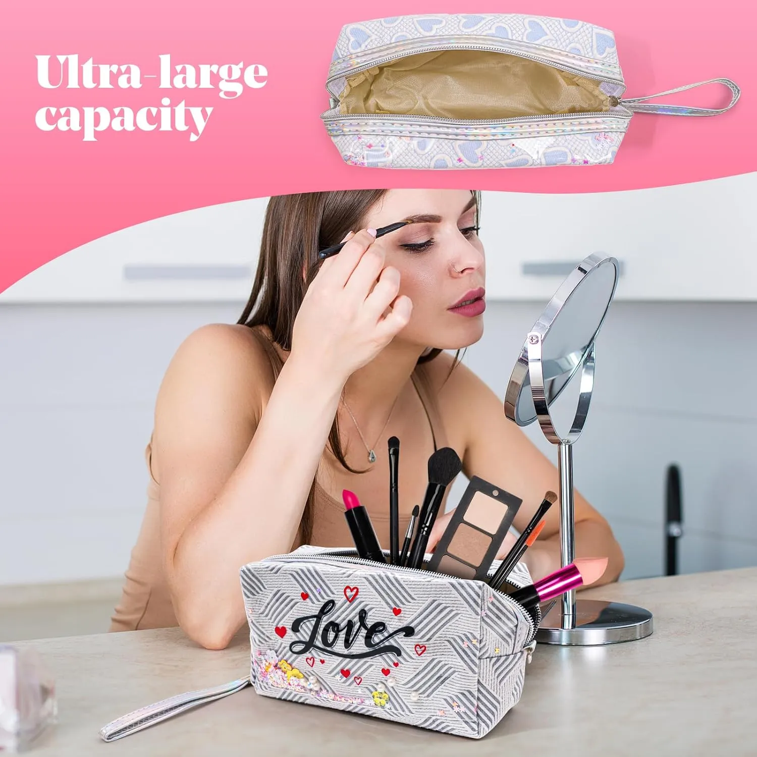 Travel Makeup Bag,Portable Cosmetic Bag, Large Capacity Travel Cosmetic Case Organizer, For Women Toiletry Bag With Zipper And Handle EF13 4 PACK
