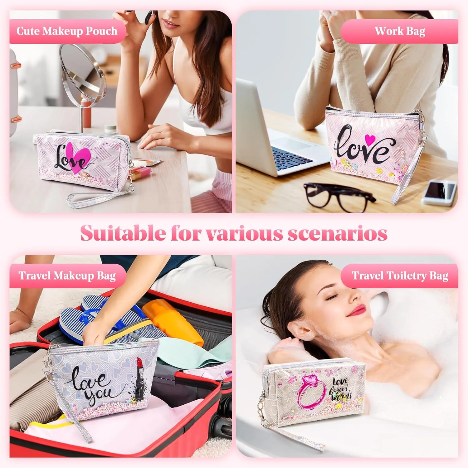 Travel Makeup Bag,Portable Cosmetic Bag, Large Capacity Travel Cosmetic Case Organizer, For Women Toiletry Bag With Zipper And Handle EF13 4 PACK