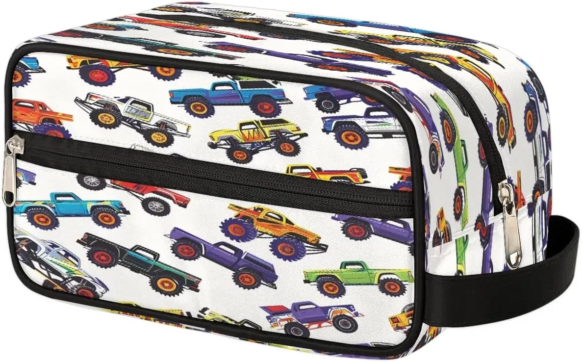Travel Toiletry Bag for Women Men, Colorful Monster Trucks Foldable Dopp Kit Water Resistant Shaving Bag for Toiletries Cosmetics Traveling Organizer
