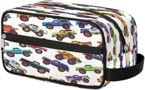 Travel Toiletry Bag for Women Men, Colorful Monster Trucks Foldable Dopp Kit Water Resistant Shaving Bag for Toiletries Cosmetics Traveling Organizer