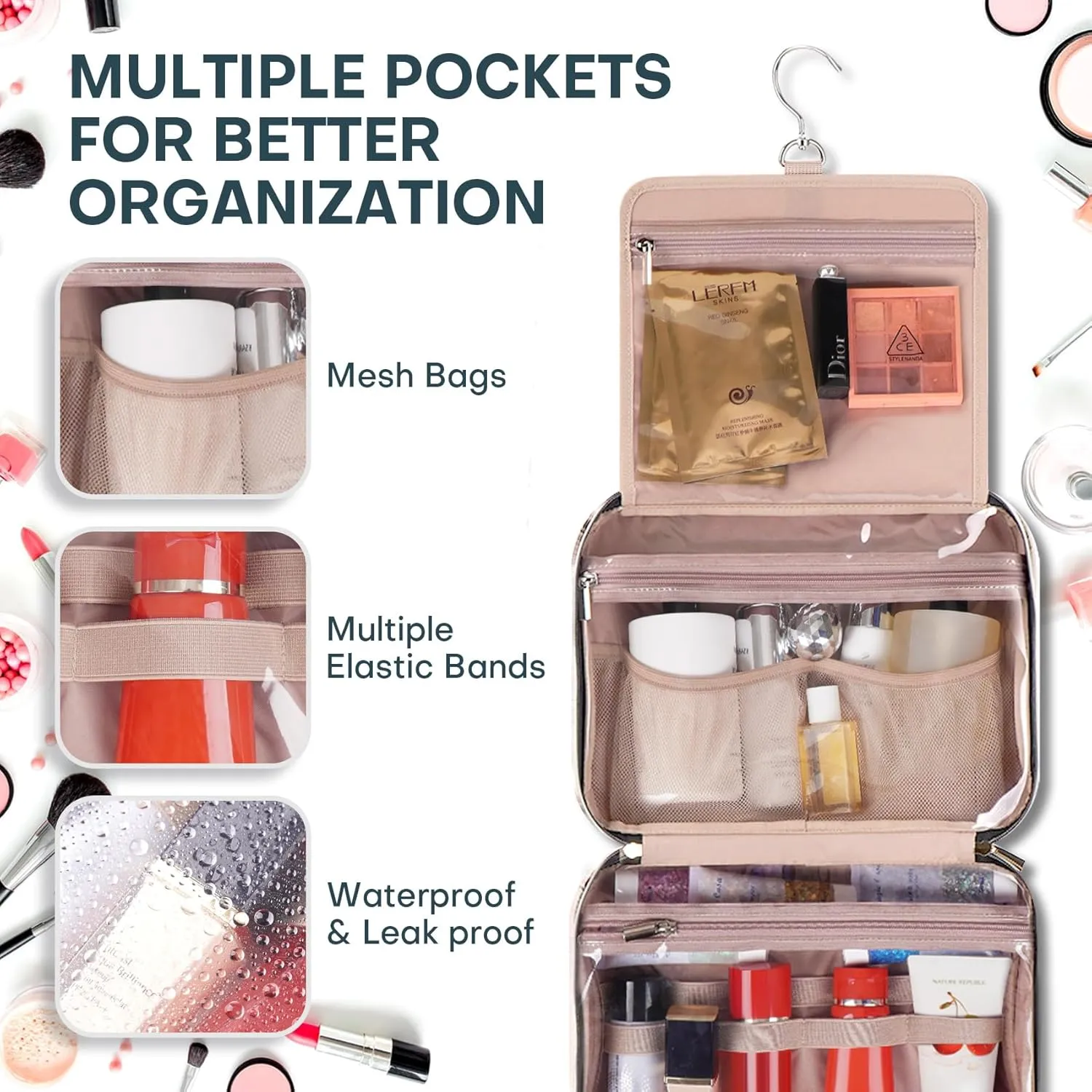 Travel Toiletry Bags with Hanging Hook for Full-size Toiletries, Brushes Set, Cosmetics - Large Lake Blue