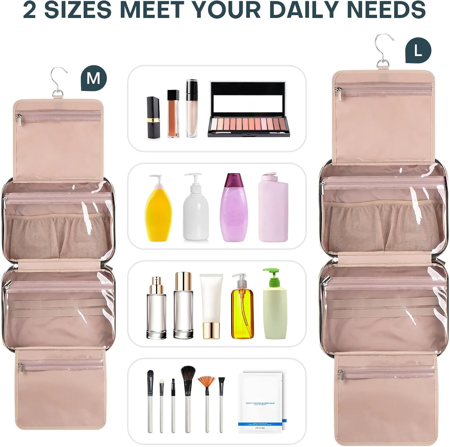Travel Toiletry Bags with Hanging Hook for Full-size Toiletries, Brushes Set, Cosmetics - Large Lake Blue