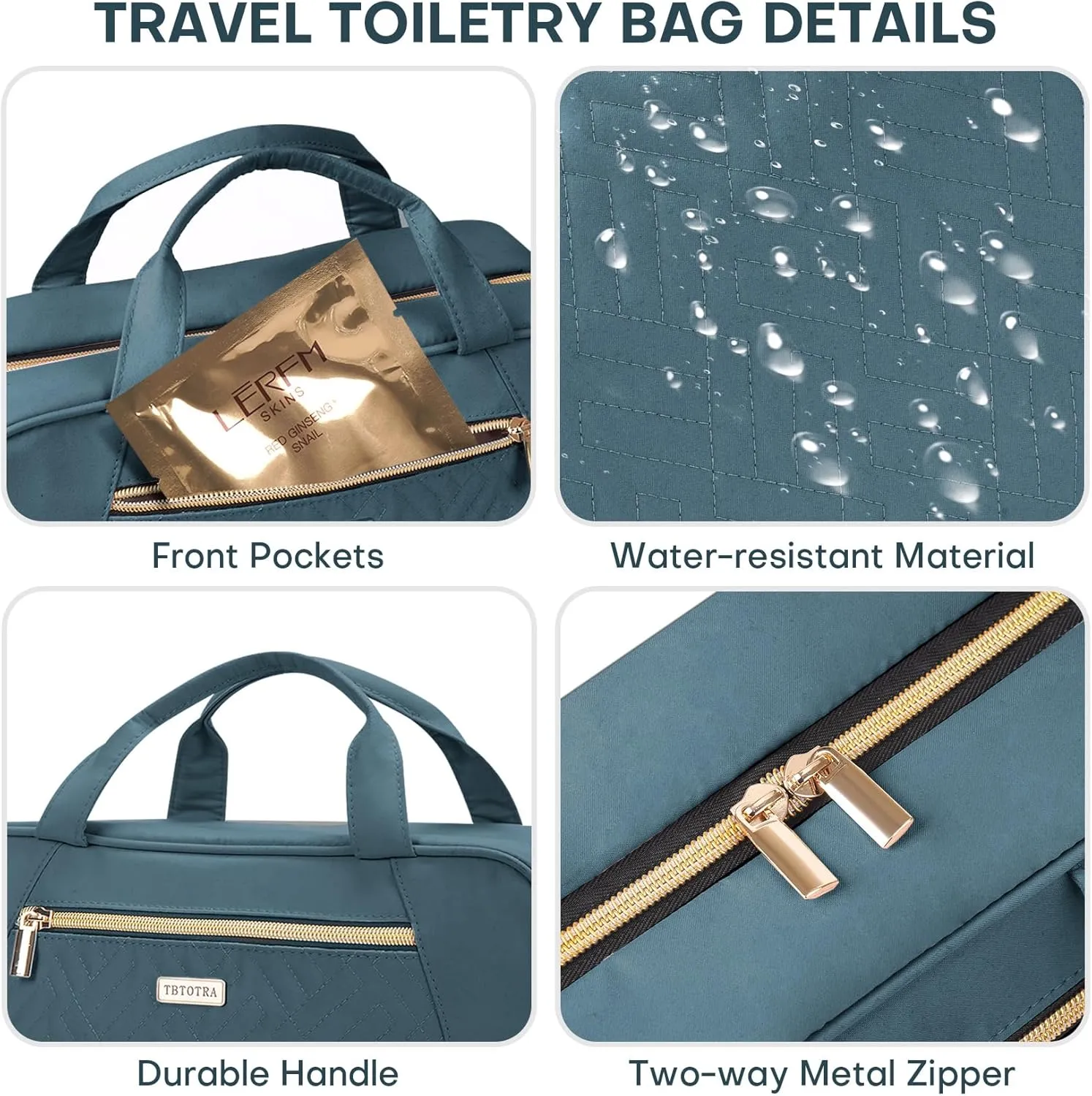 Travel Toiletry Bags with Hanging Hook for Full-size Toiletries, Brushes Set, Cosmetics - Large Lake Blue