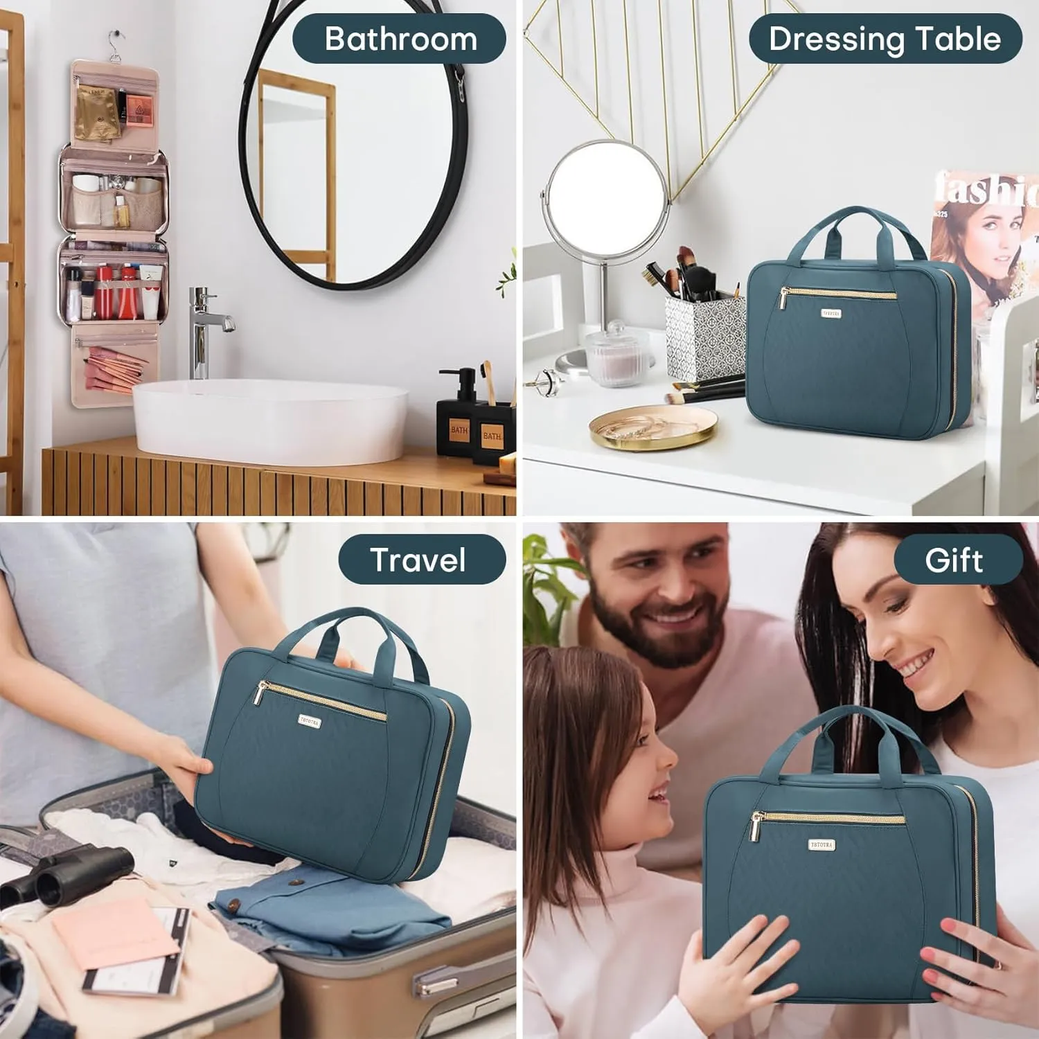 Travel Toiletry Bags with Hanging Hook for Full-size Toiletries, Brushes Set, Cosmetics - Large Lake Blue