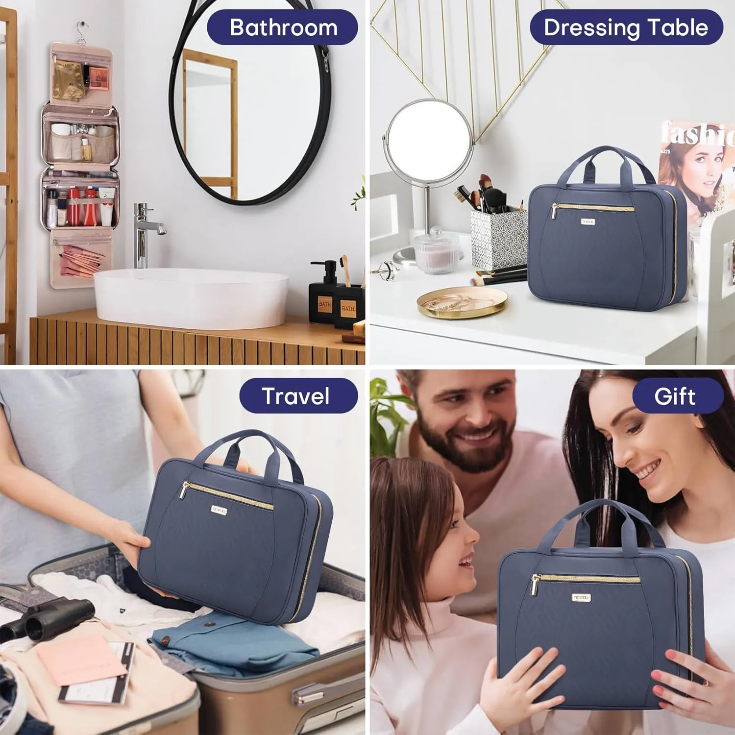 Travel Toiletry Bags with Hanging Hook for Full-size Toiletries, Brushes Set, Cosmetics - Medium Grey Blue