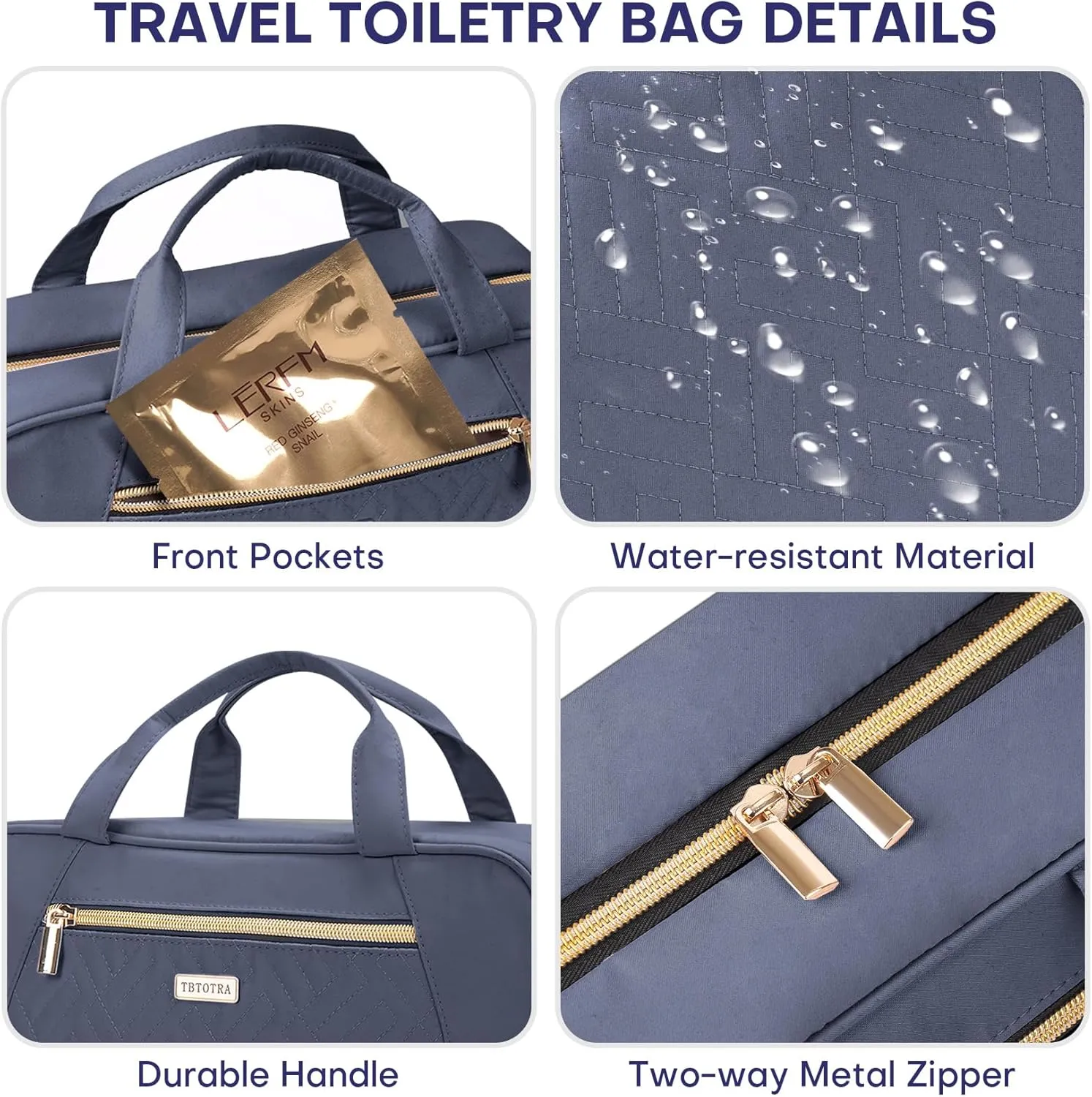 Travel Toiletry Bags with Hanging Hook for Full-size Toiletries, Brushes Set, Cosmetics - Medium Grey Blue