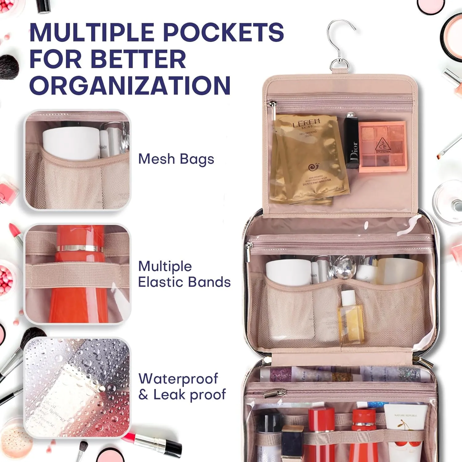 Travel Toiletry Bags with Hanging Hook for Full-size Toiletries, Brushes Set, Cosmetics - Medium Grey Blue