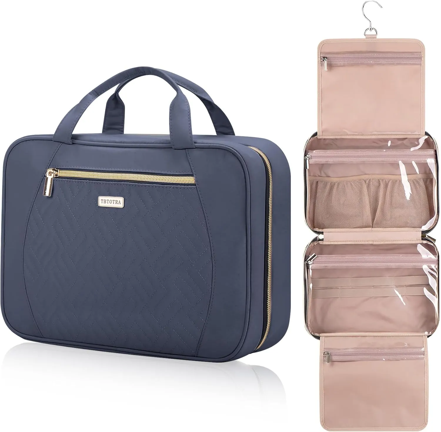 Travel Toiletry Bags with Hanging Hook for Full-size Toiletries, Brushes Set, Cosmetics - Medium Grey Blue