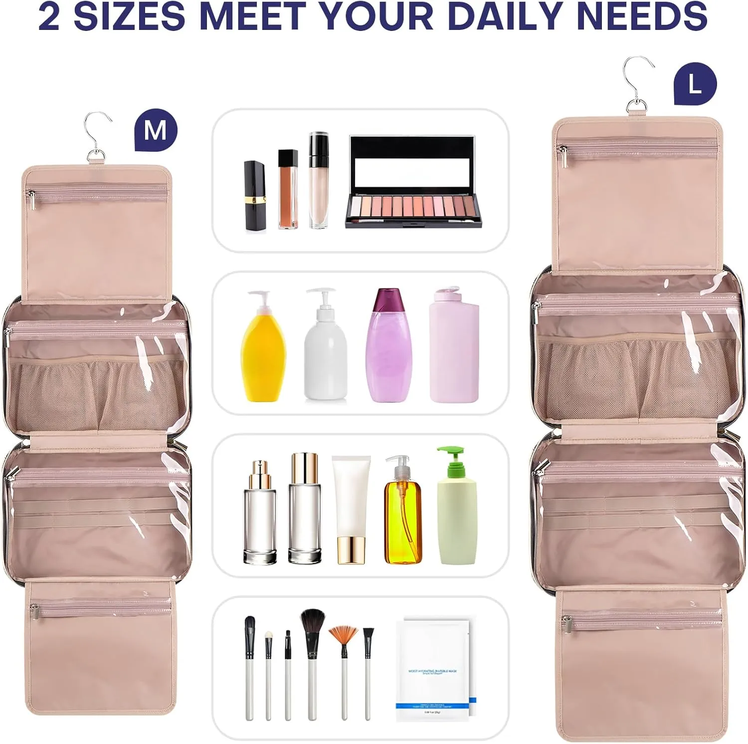 Travel Toiletry Bags with Hanging Hook for Full-size Toiletries, Brushes Set, Cosmetics - Medium Grey Blue