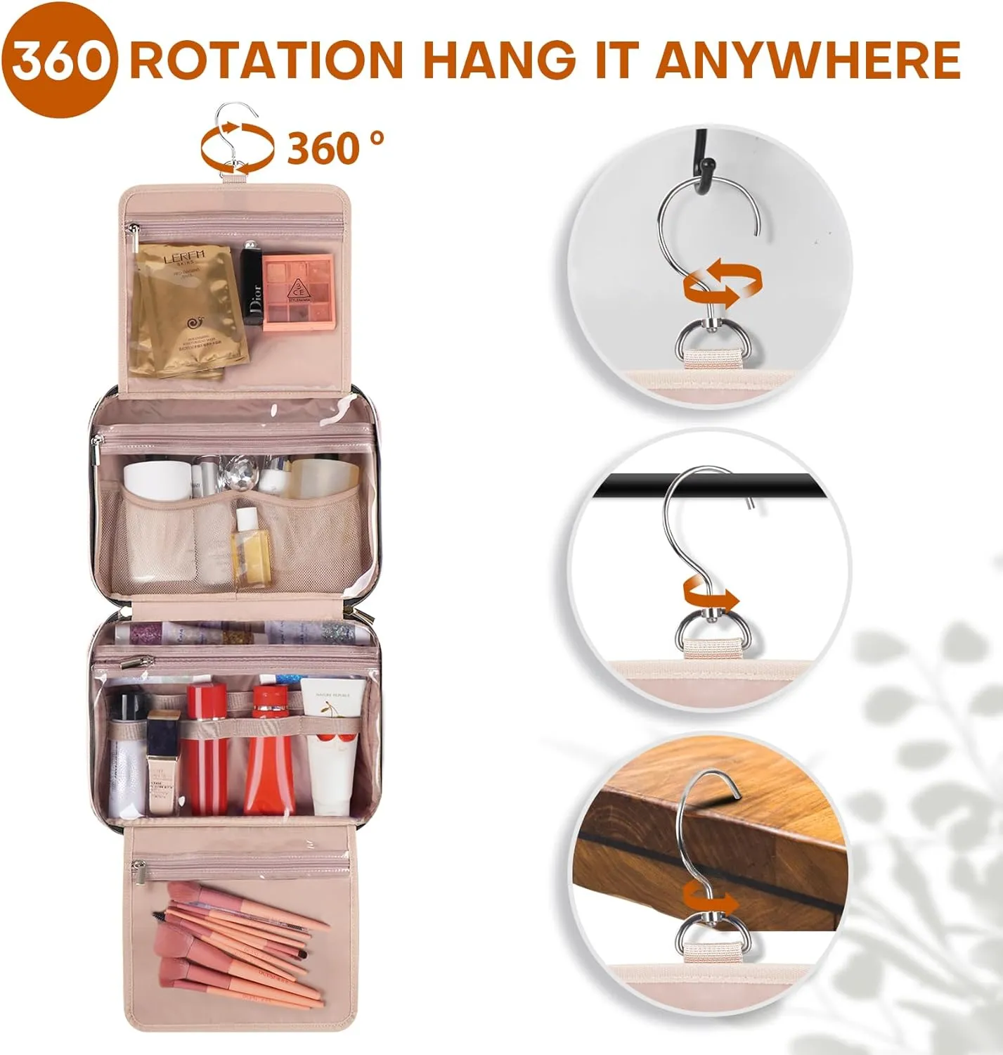 Travel Toiletry Bags with Hanging Hook for Full-size Toiletries, Brushes Set, Cosmetics - Medium Pink