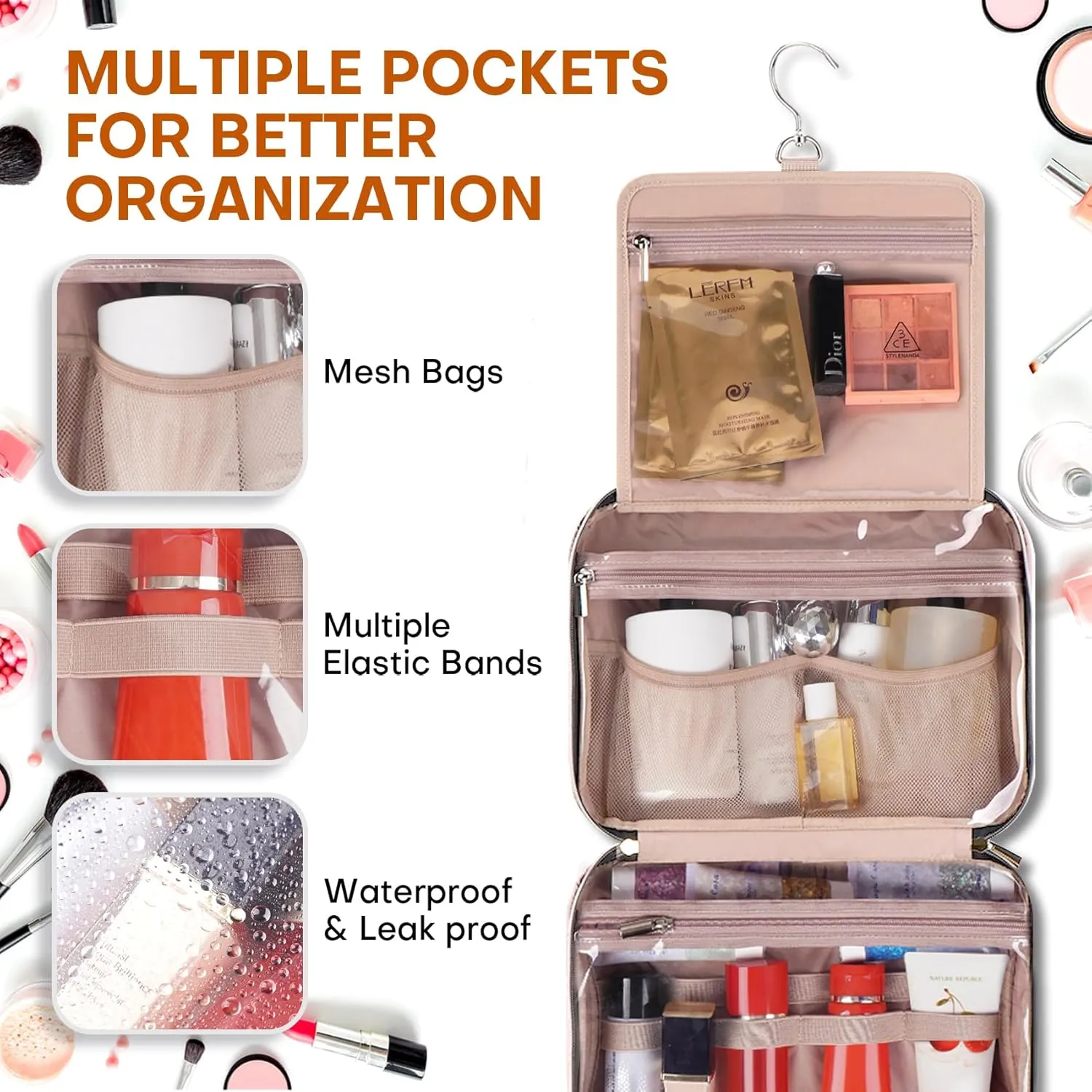 Travel Toiletry Bags with Hanging Hook for Full-size Toiletries, Brushes Set, Cosmetics - Medium Pink