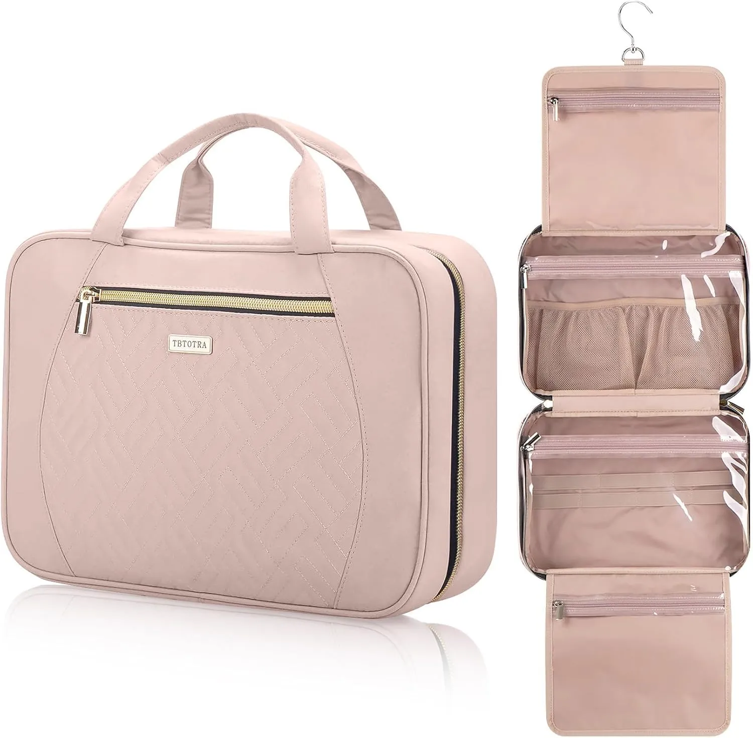 Travel Toiletry Bags with Hanging Hook for Full-size Toiletries, Brushes Set, Cosmetics - Medium Pink