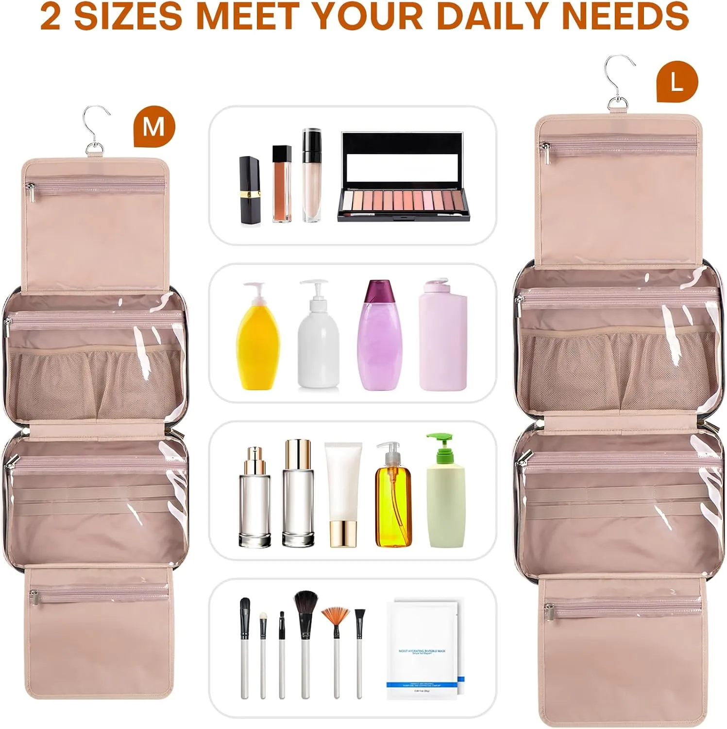 Travel Toiletry Bags with Hanging Hook for Full-size Toiletries, Brushes Set, Cosmetics - Medium Pink