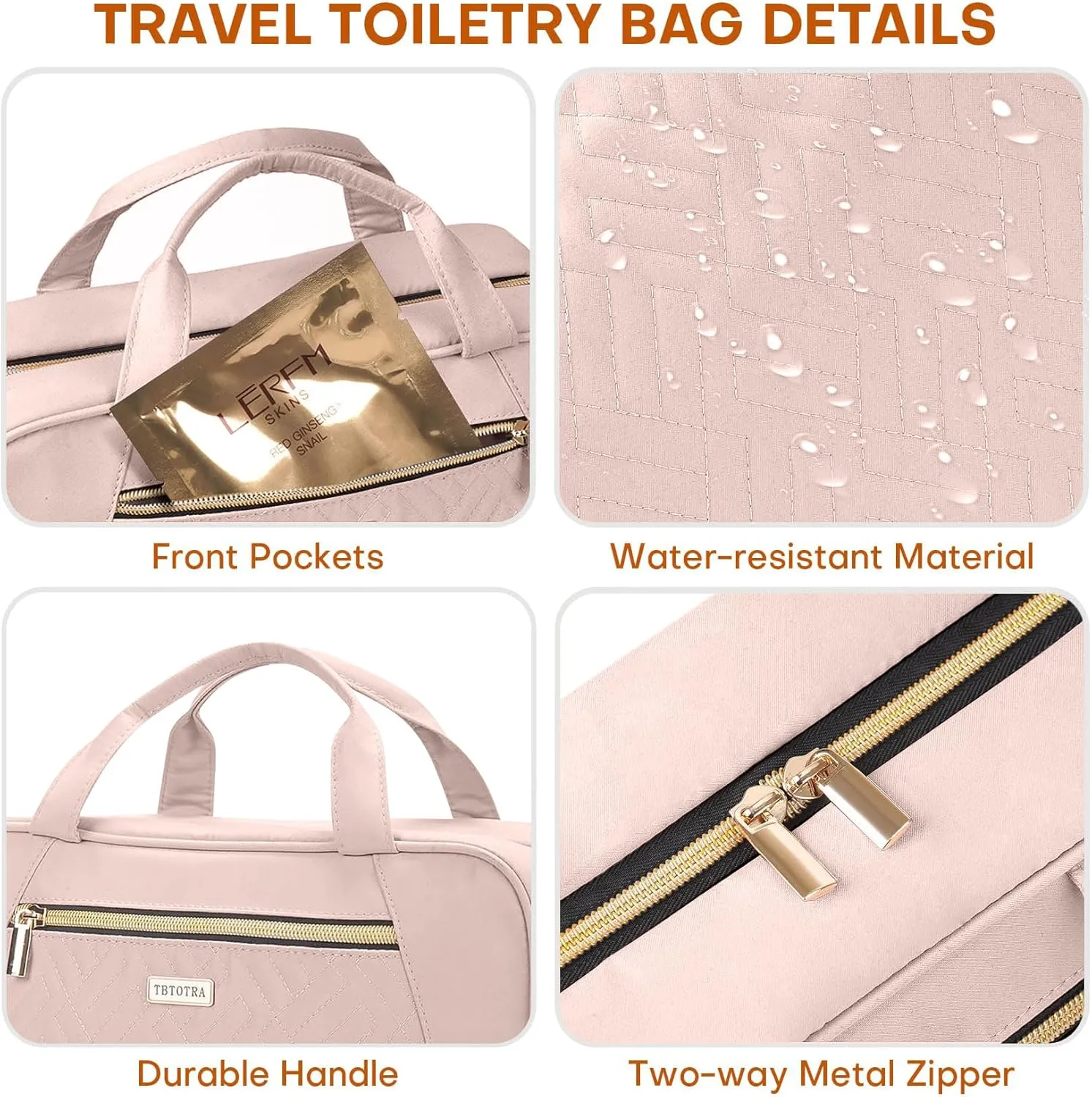 Travel Toiletry Bags with Hanging Hook for Full-size Toiletries, Brushes Set, Cosmetics - Medium Pink